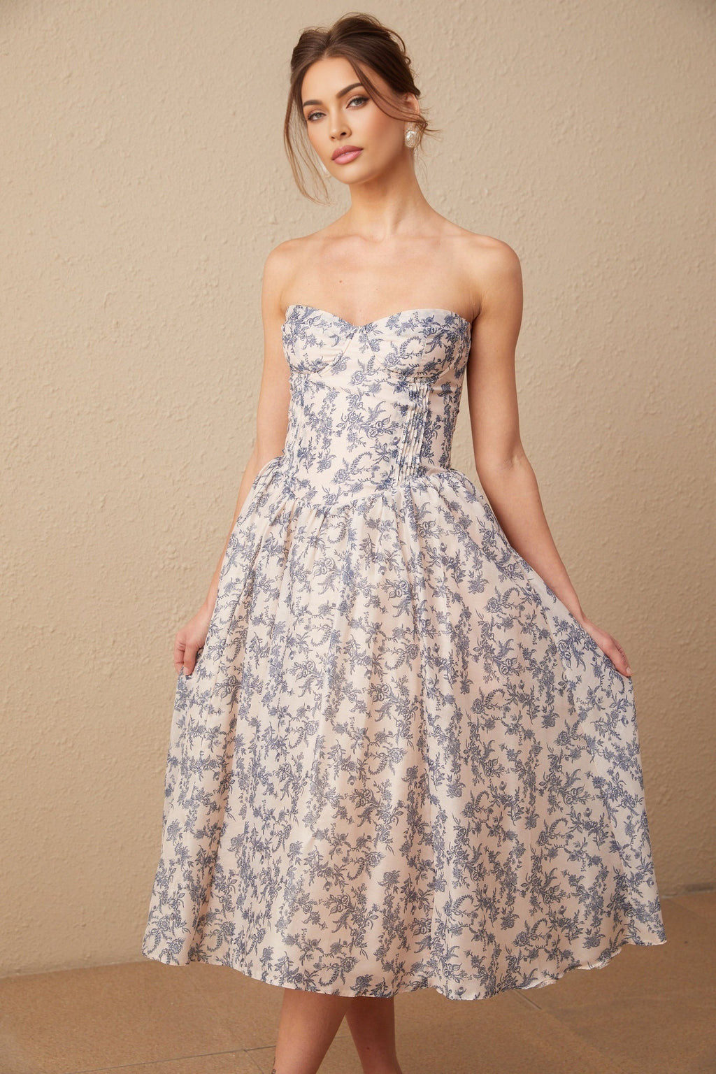 Yasmin Neutrals Blue Floral Print Midi Dress