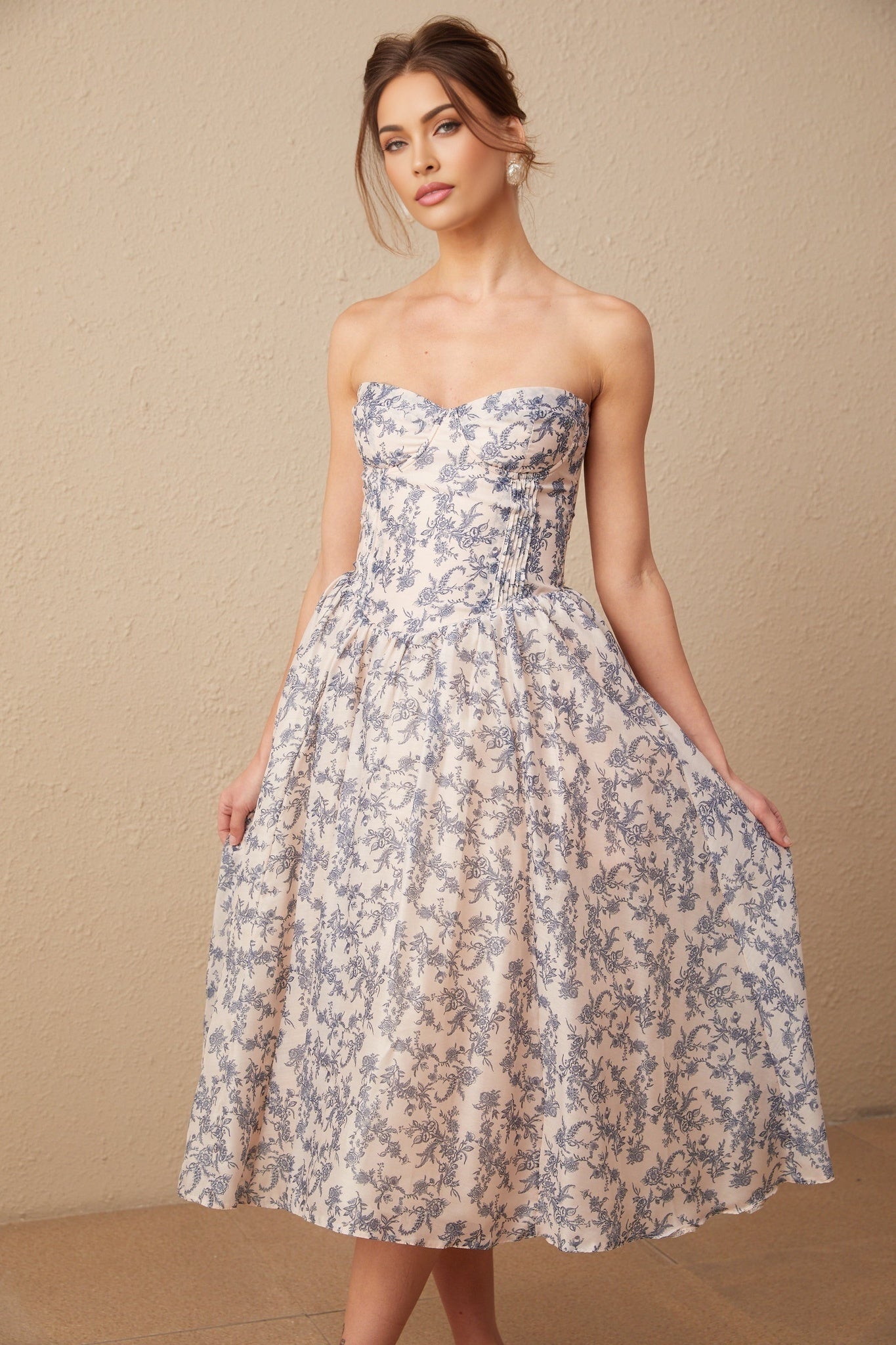 Yasmin Neutrals Blue Floral Print Midi Dress