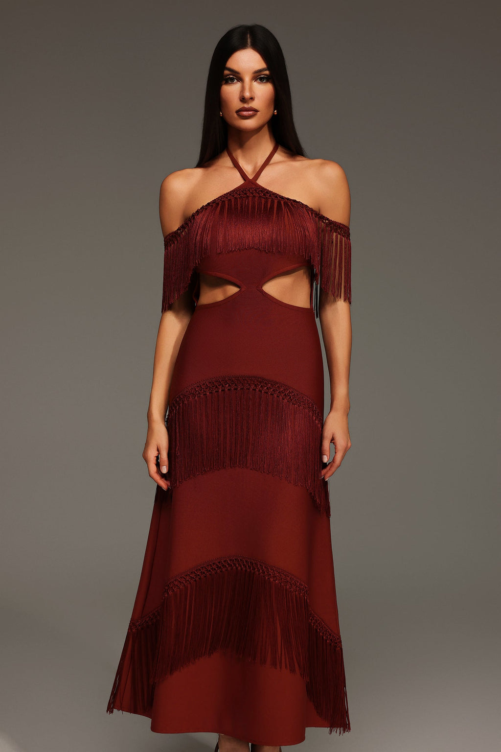 Yasmin Red Bandage Halter Maxi Dress with Tassel Detailing