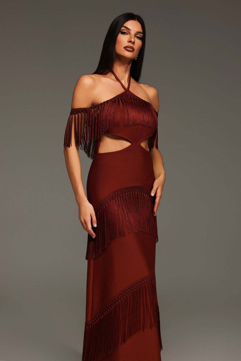Yasmin Red Bandage Maxi Dress with Tassel Detailing and Cut-Out Elements