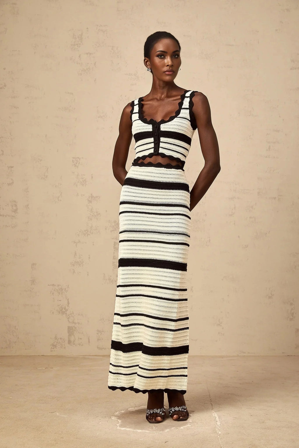 Yasmin Vest & Skirt Set Crochet Knit Horizontal Stripe Scallop Hem White & Black