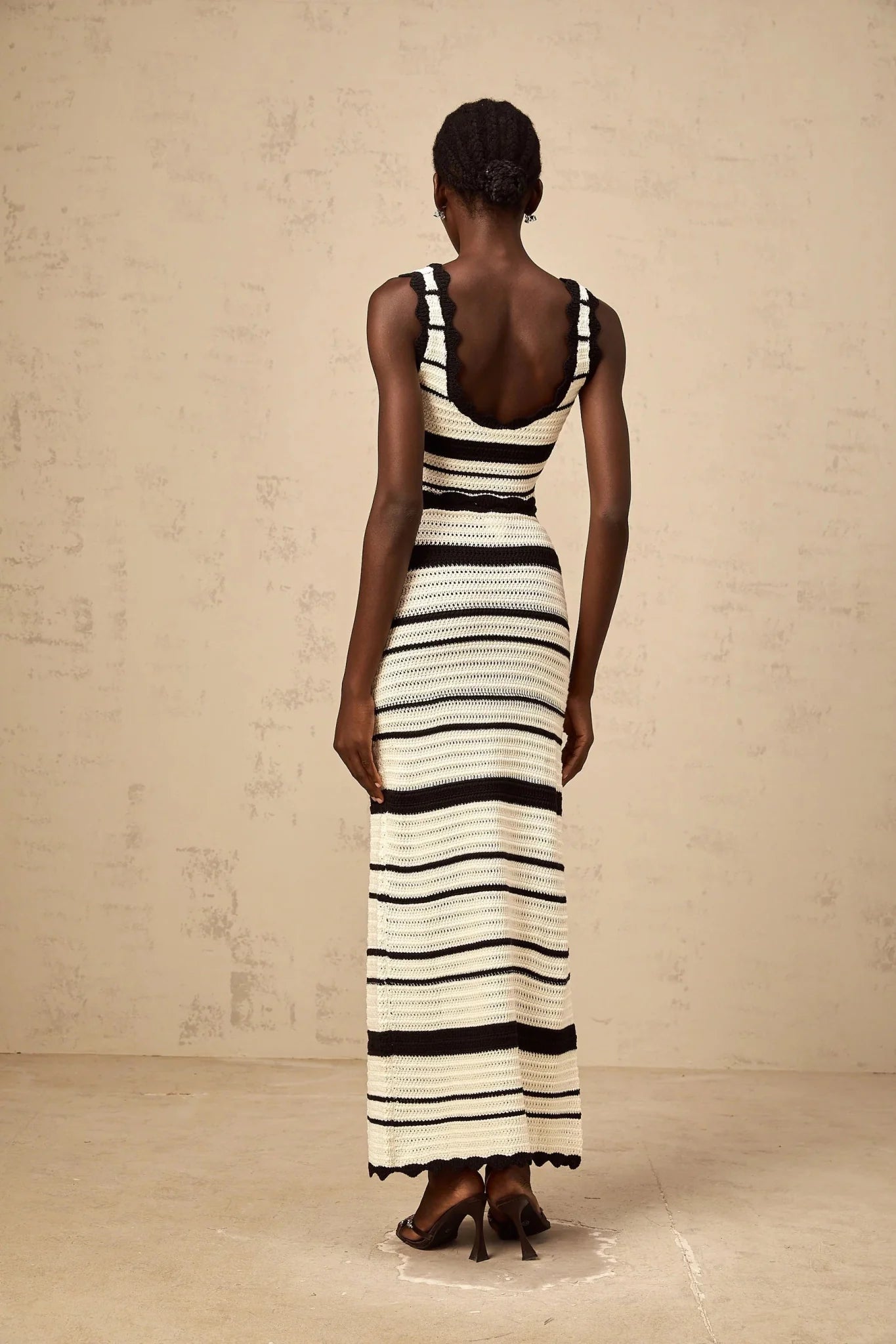 Yasmin Vest & Skirt Set Crochet Knit Horizontal Stripe Scallop Hem White & Black