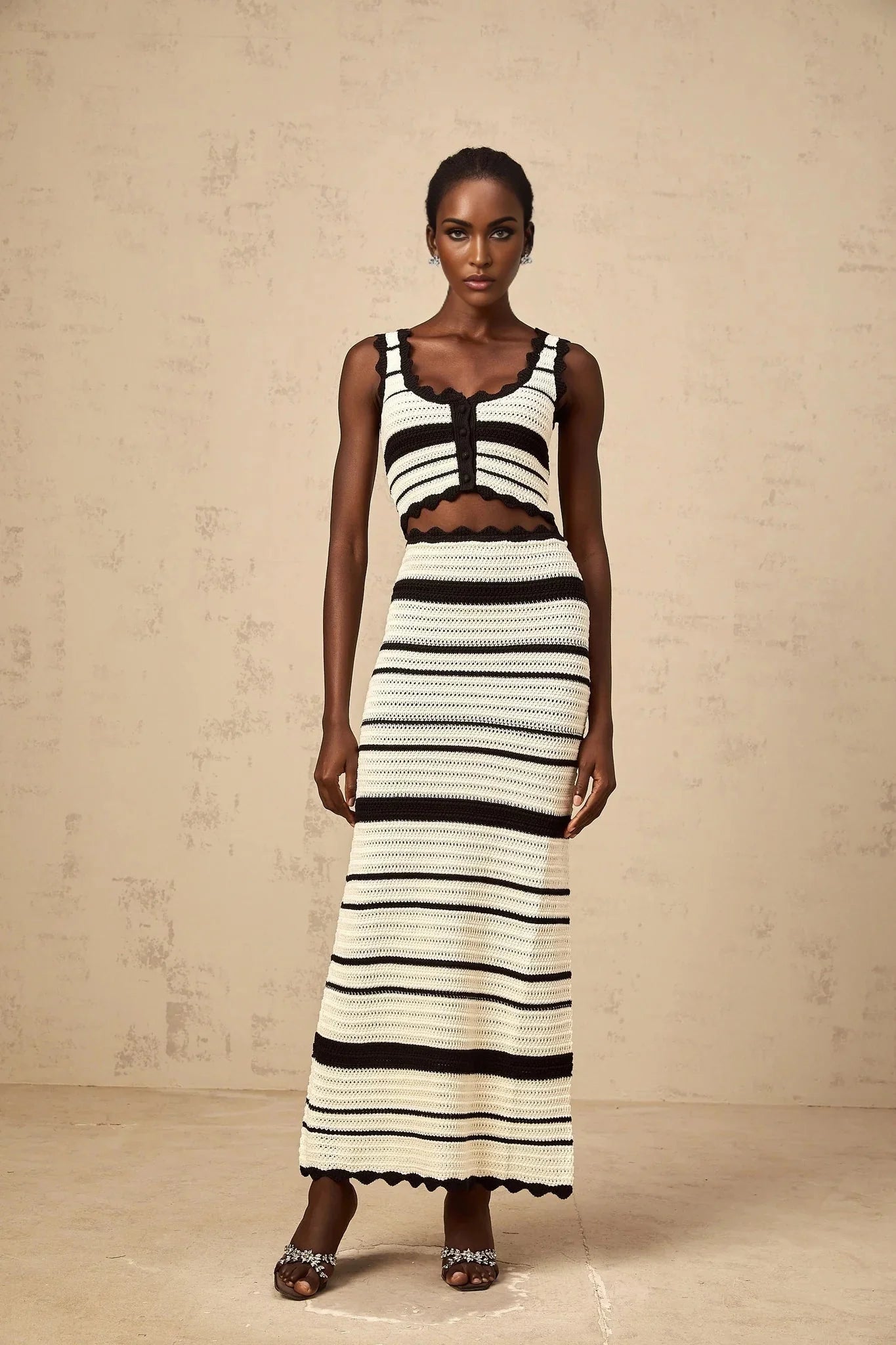 Yasmin Vest & Skirt Set Crochet Knit Horizontal Stripe Scallop Hem White & Black