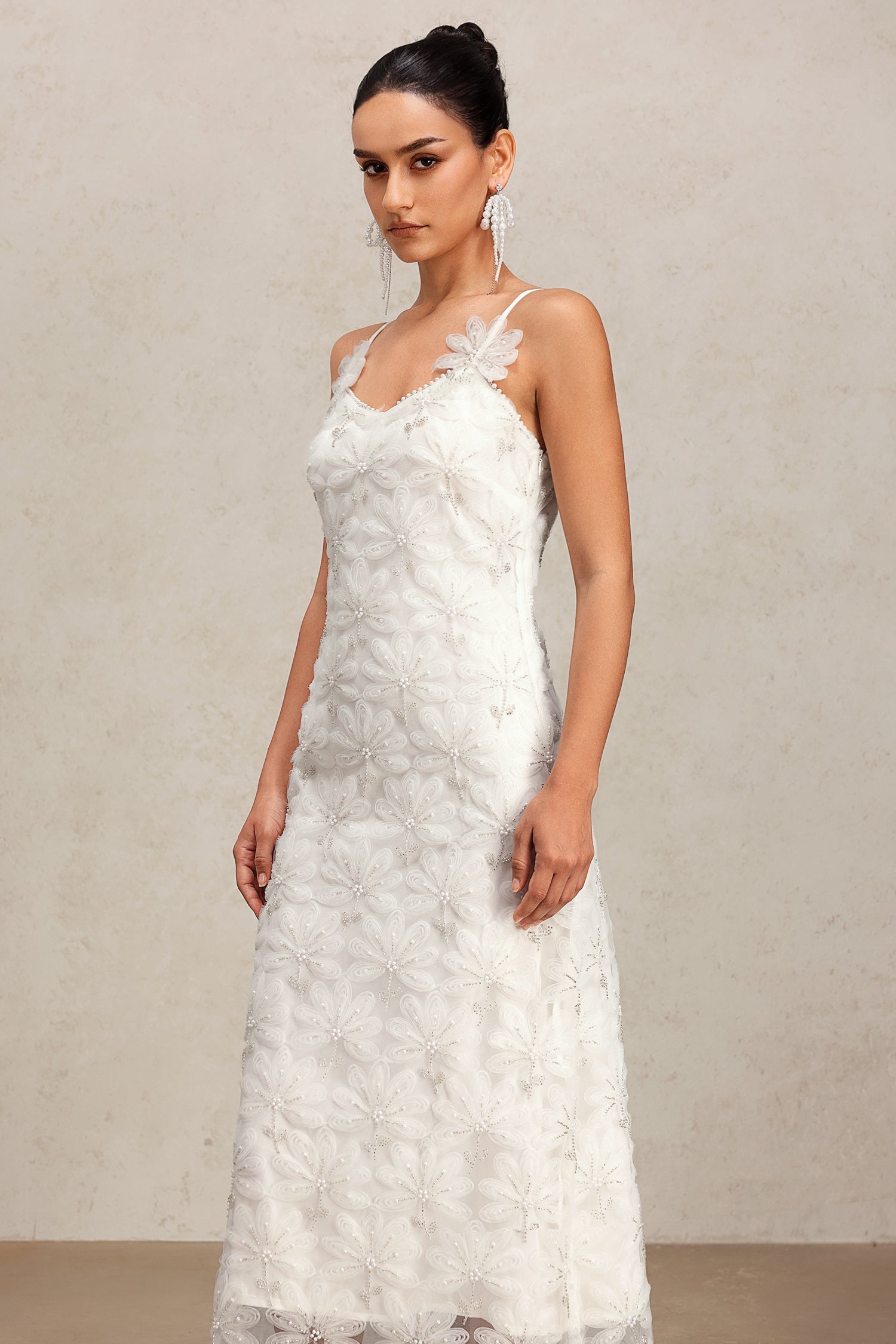 Yasmin White Lace Halter Maxi Dress Floral Detailing Lightweight Fabric Elegant Silhouette Wedding Garden Party Dress
