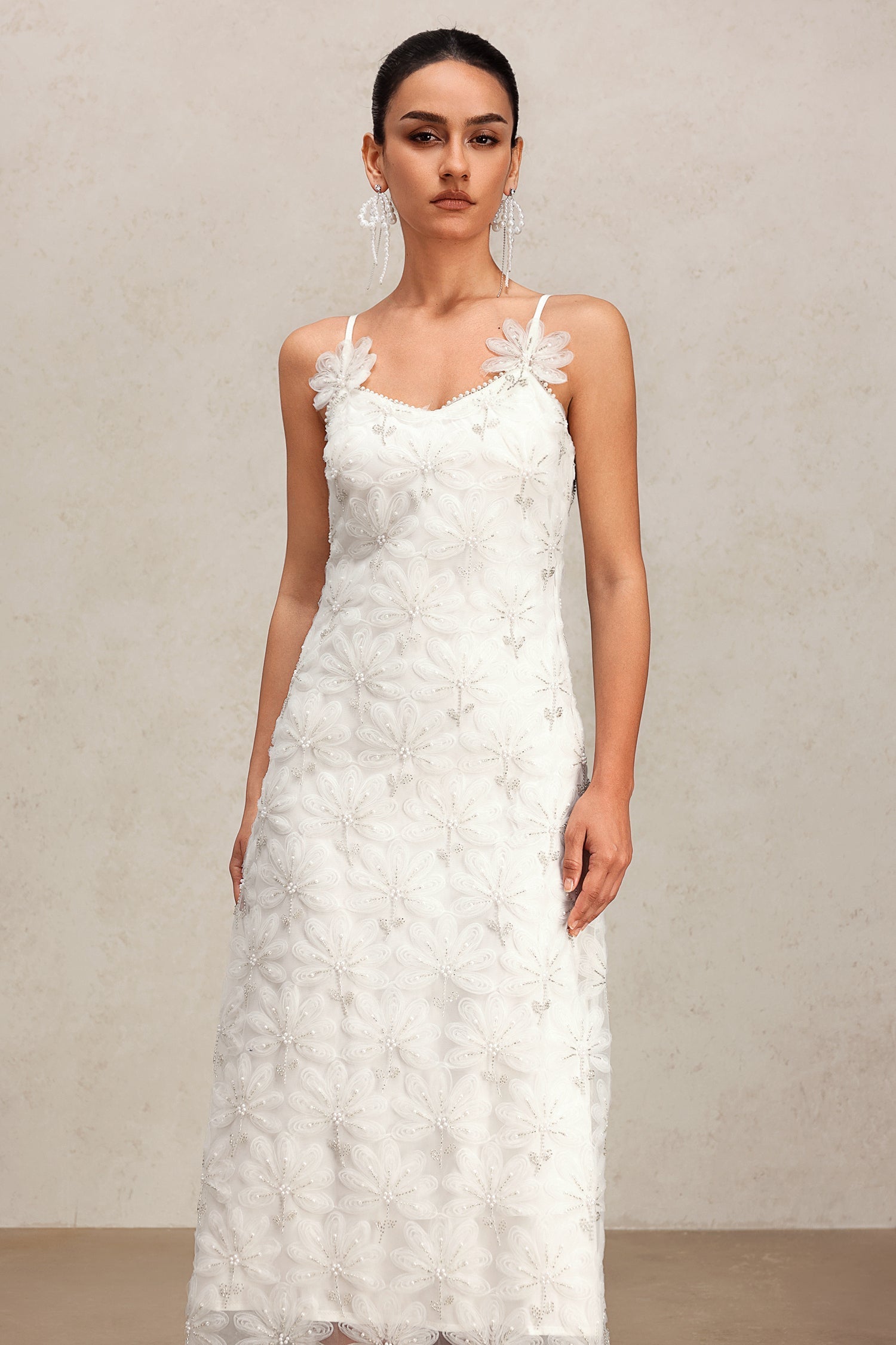 Yasmin White Lace Halter Maxi Dress Floral Detailing Elegant Sophisticated Lightweight Comfortable Stylish Wedding Garden Party Fashion Forward Wardrobe