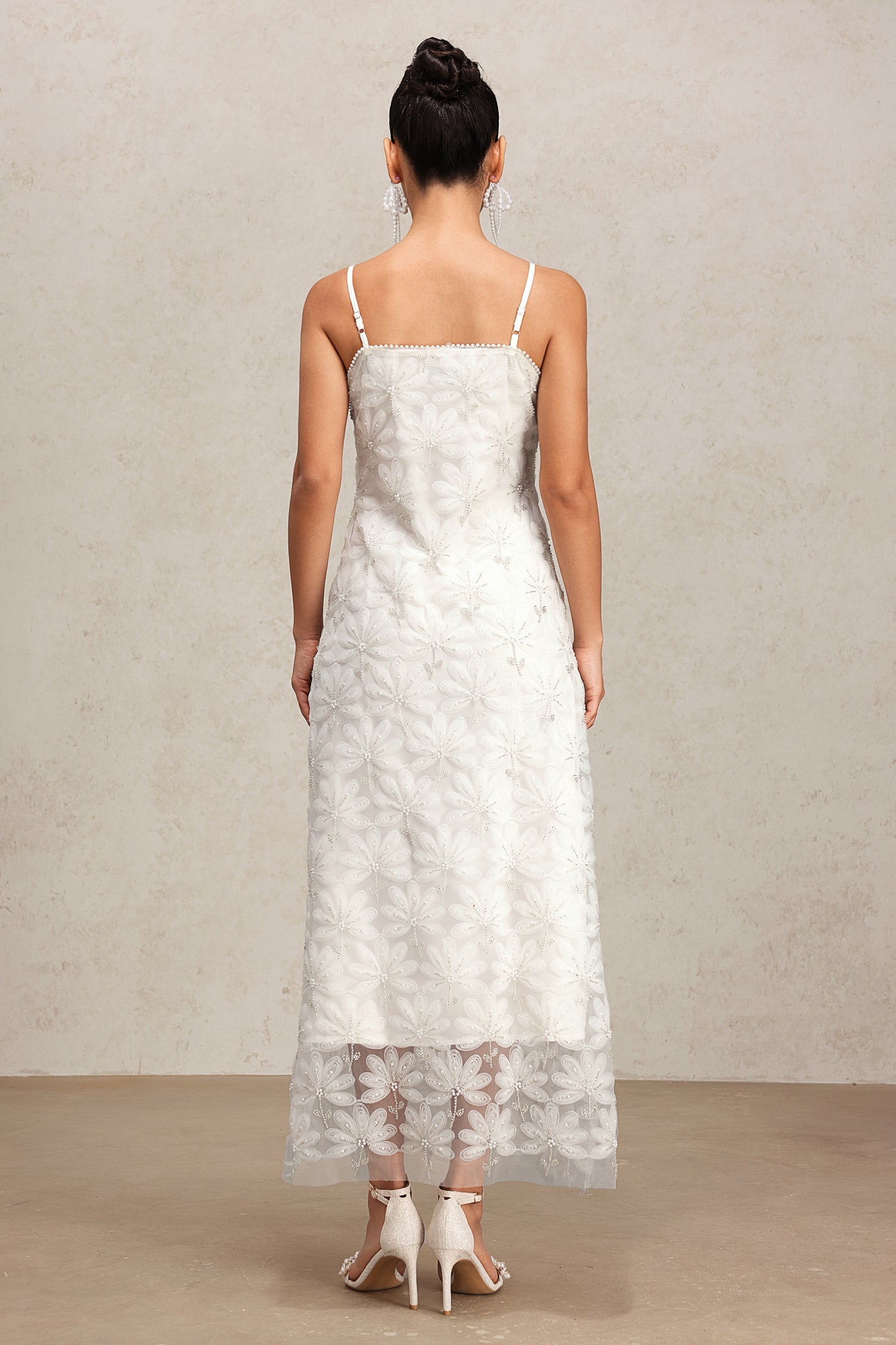 Yasmin White Lace Halter Maxi Dress Floral Patterns Lightweight Fabric Elegant Sophisticated Stylish Graceful Wedding Summer Garden Party Fashion Forward Wardrobe