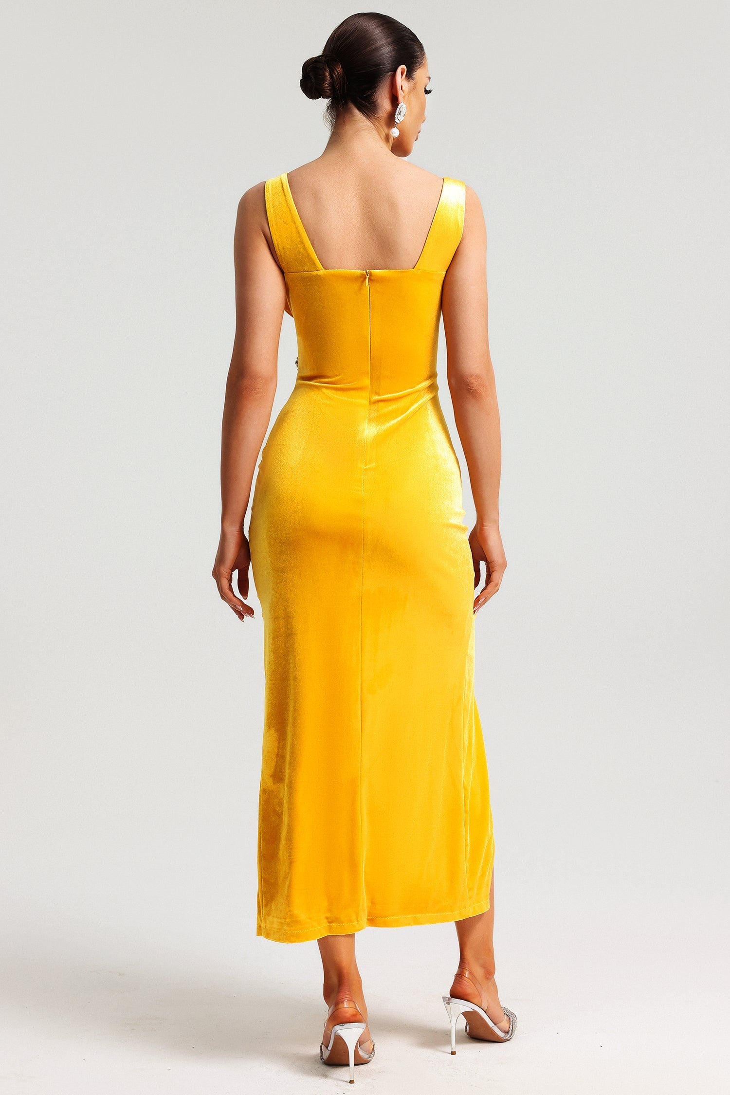 Yellow Hakula Diamante Slit Midi Dress with V-neckline and side slit