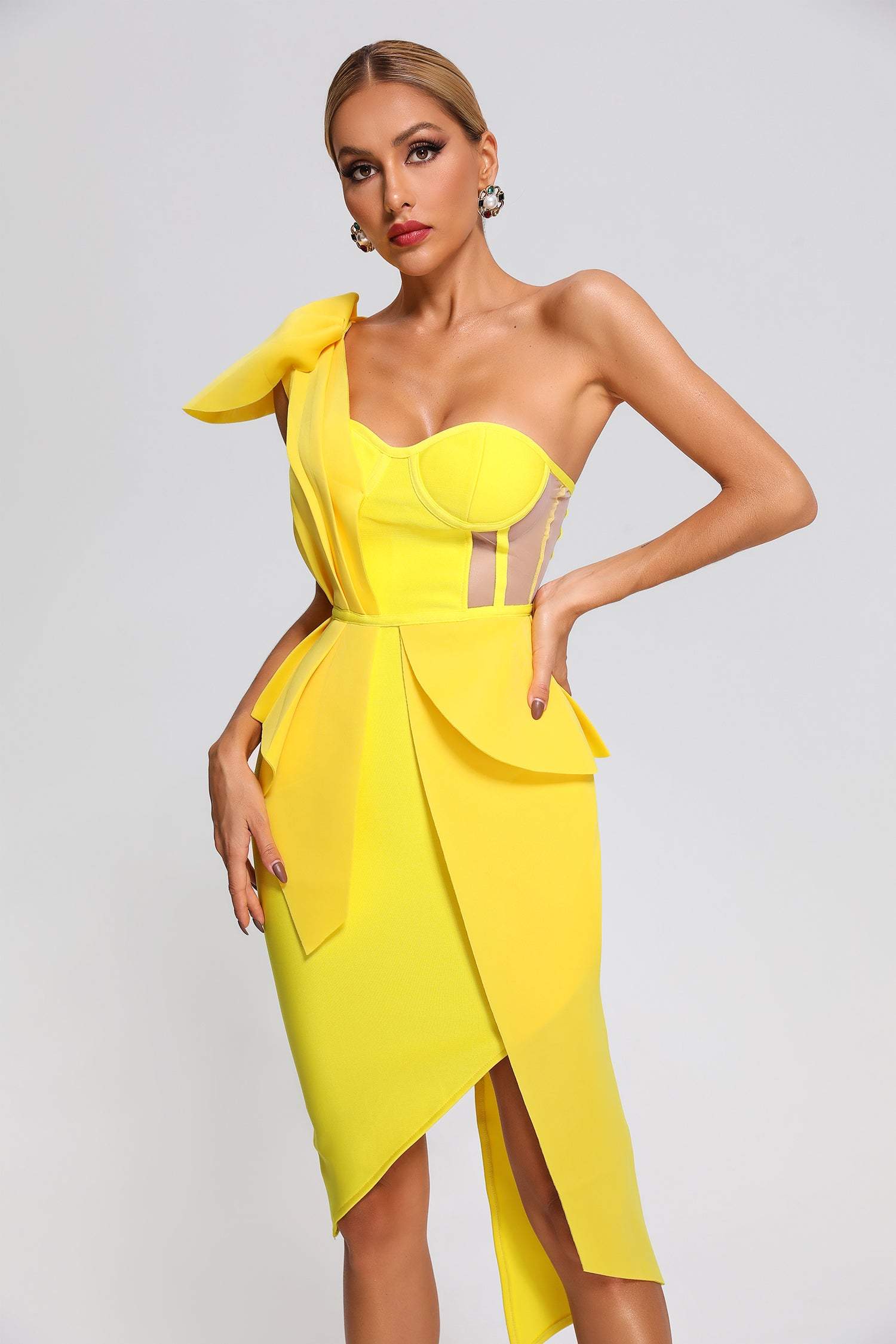 Yellow One Shoulder Midi Dress with Draped Detail and Asymmetrical Hemline