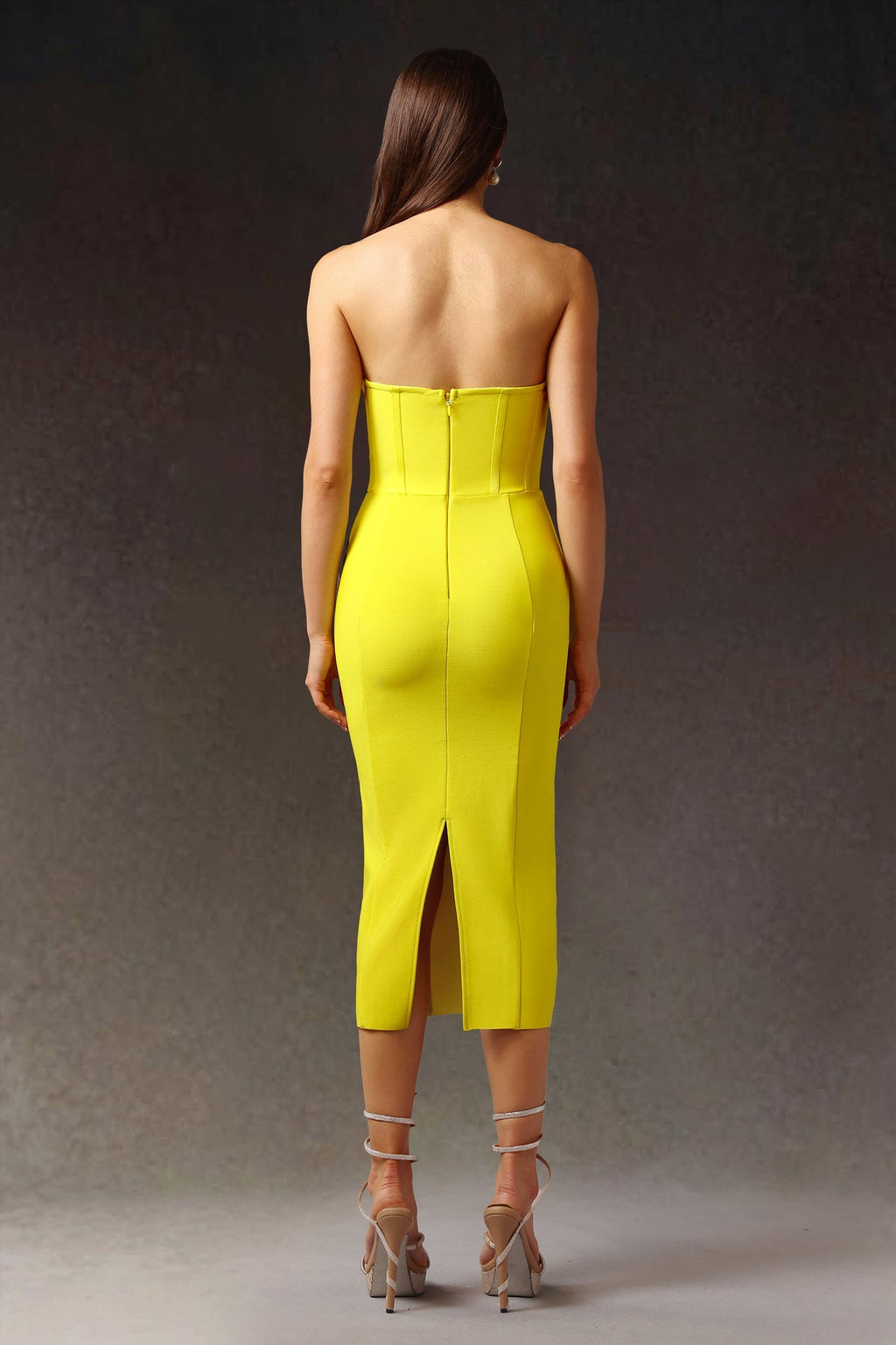 Yellow Suku Sleeveless Fish Bone Bandage Midi Dress