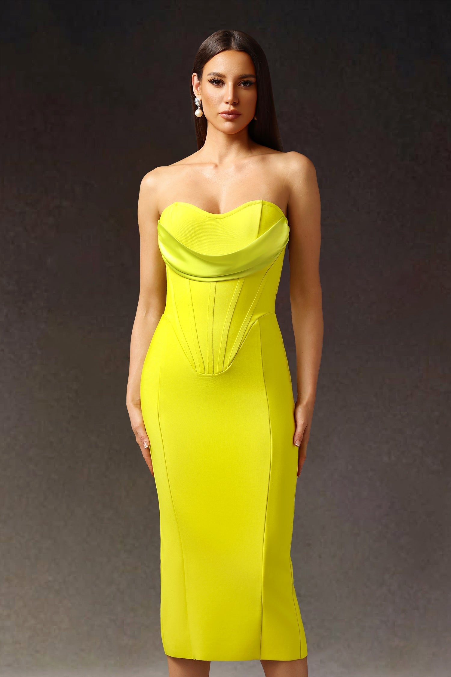 Yellow Suku Sleeveless Fish Bone Bandage Midi Dress