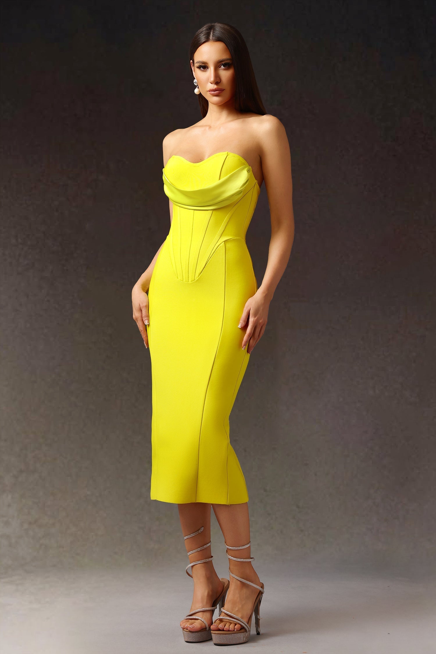 Yellow Suku Sleeveless Fish Bone Bandage Midi Dress