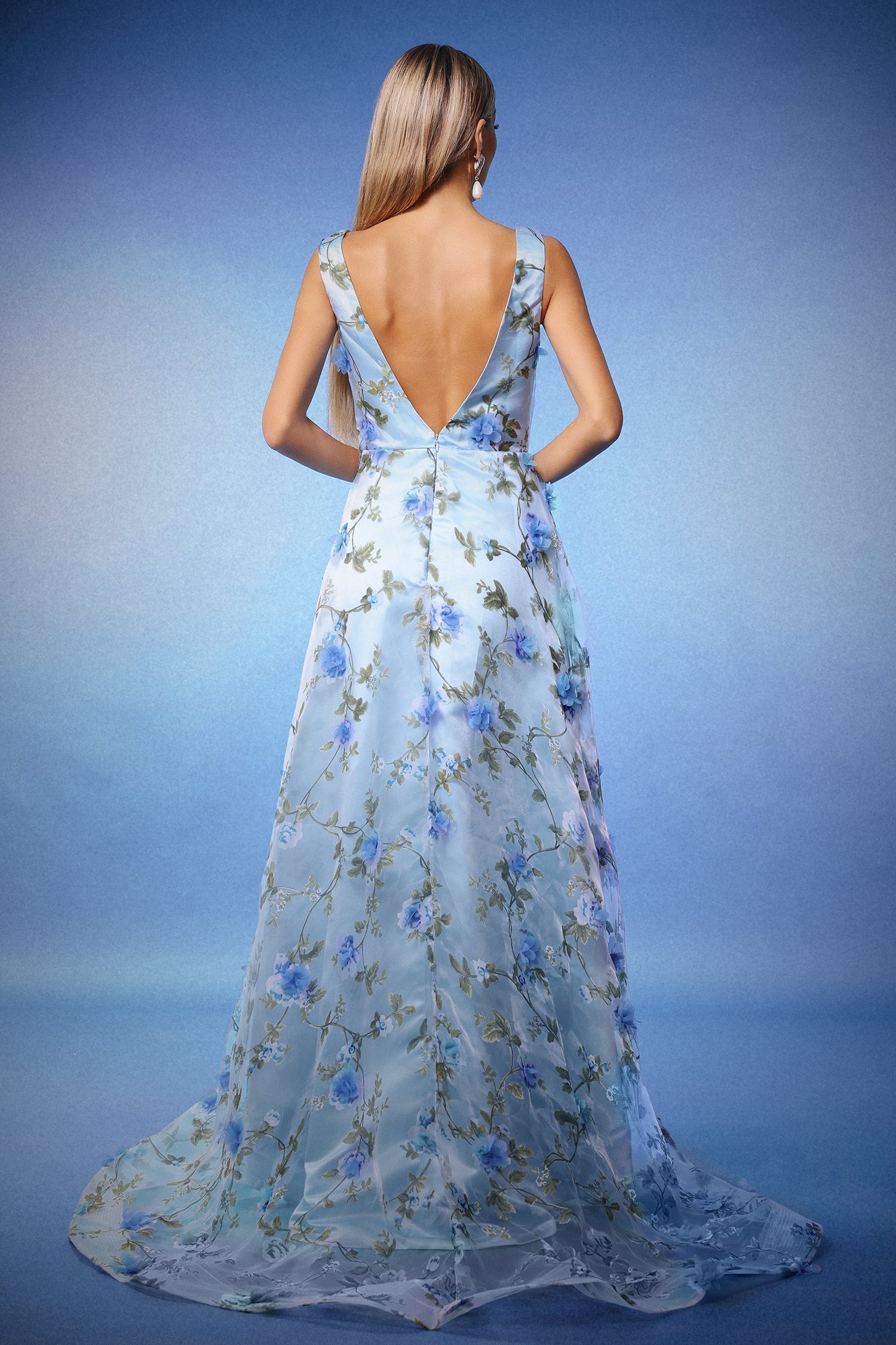 Yvette Blue Floral Maxi Dress for Weddings Proms Formal Events