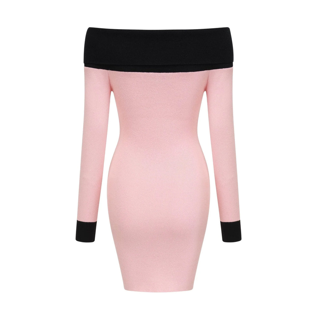 Yvette Mini Dress Pink Black Button Knit Thigh Length