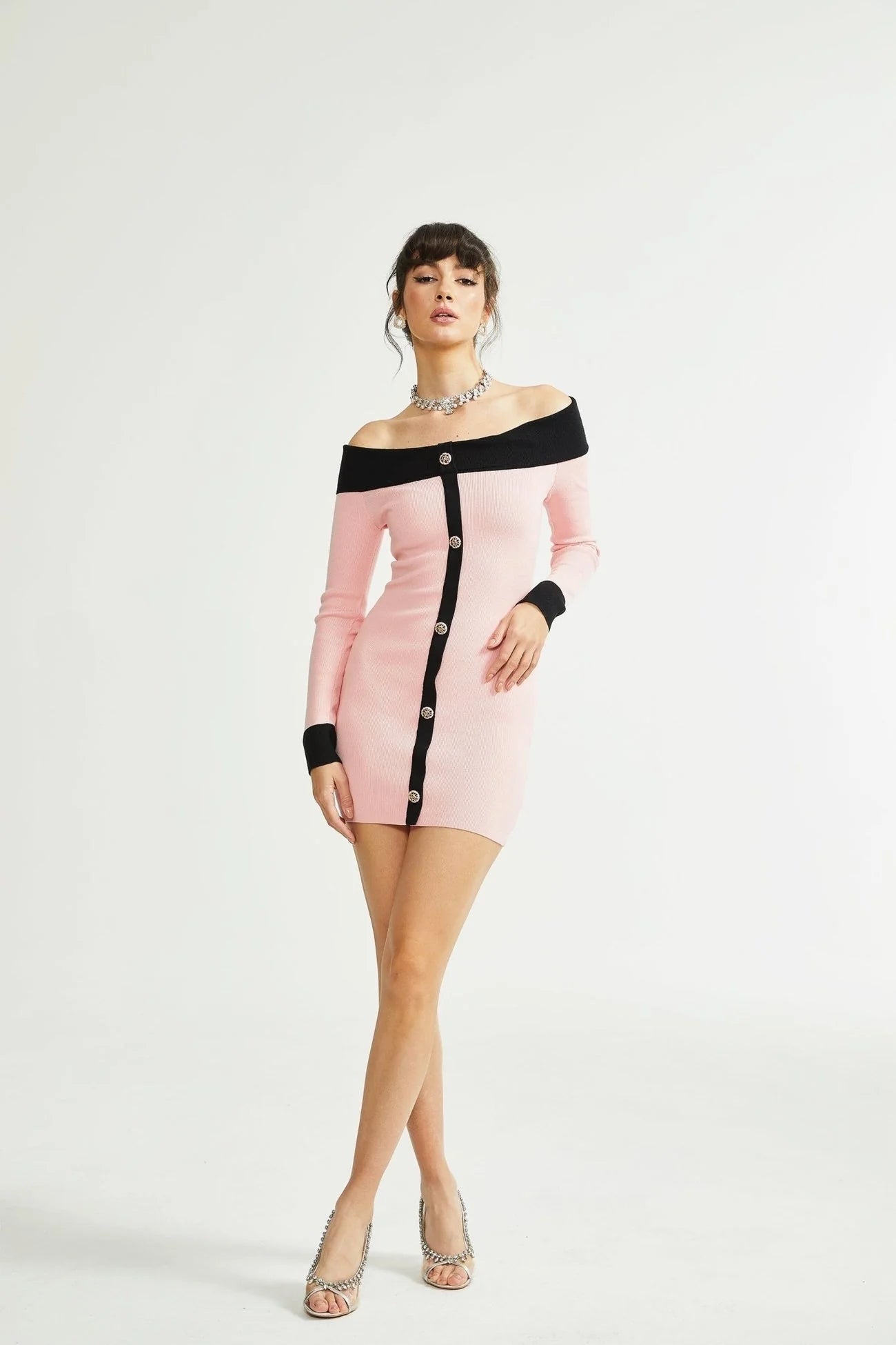 Yvette Mini Dress Pink Black Button Knit Thigh Length