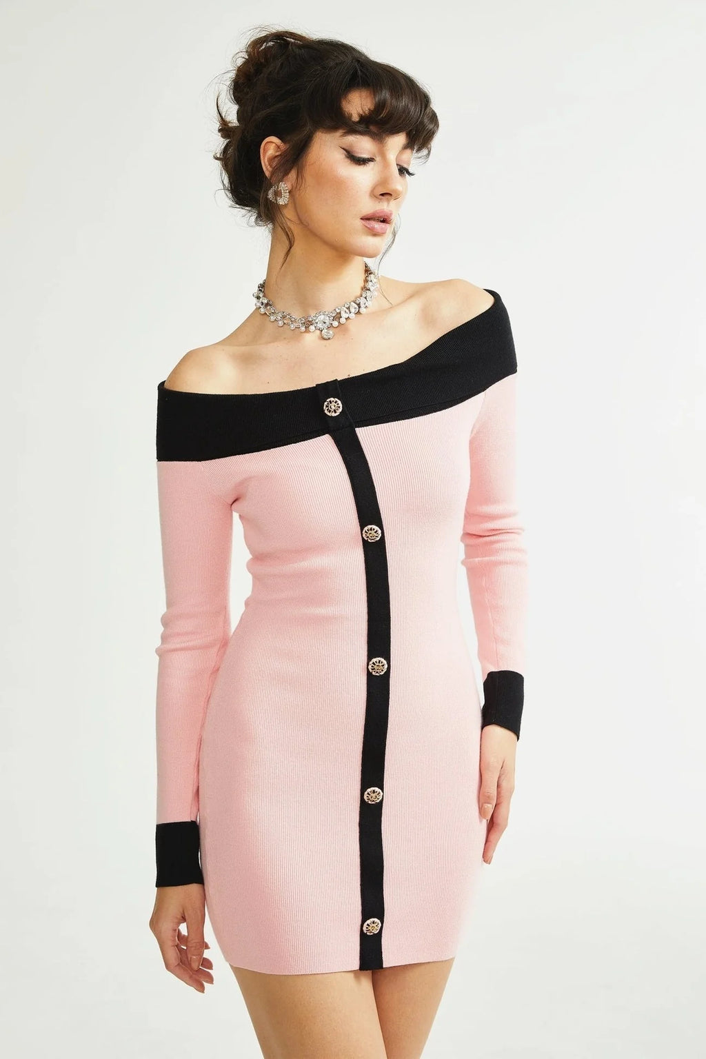 Yvette Mini Dress Pink Black Button Knit Thigh Length