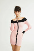 Yvette Mini Dress Pink Black Button Knit Thigh Length
