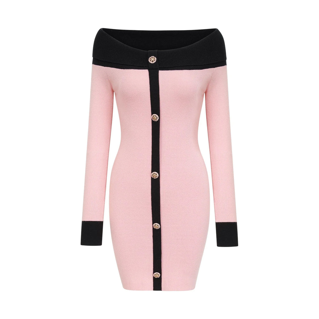 Yvette Mini Dress Pink Black Button Knit Thigh Length