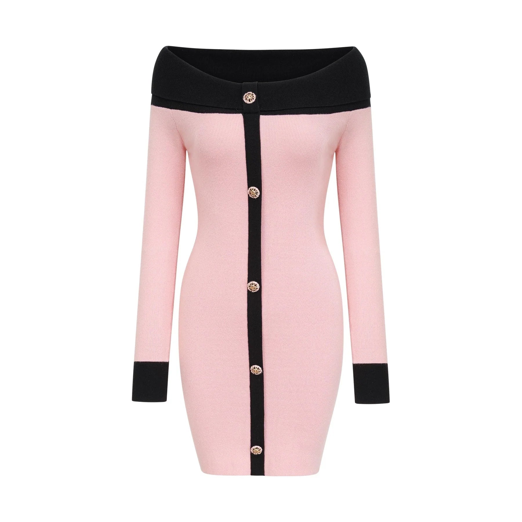 Yvette Mini Dress Pink Black Button Knit Thigh Length