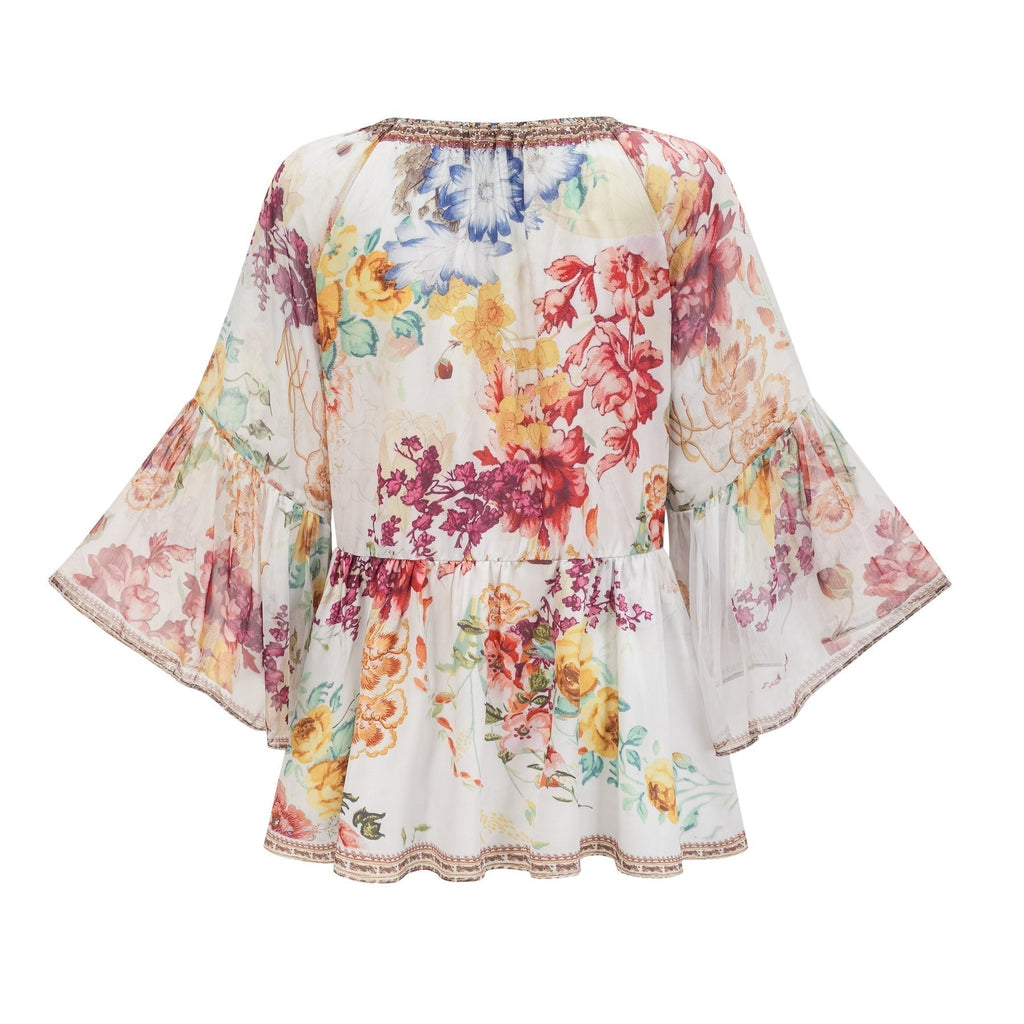 Yvonne Floral Tulle V - Neck Blouse With Flared Sleeves