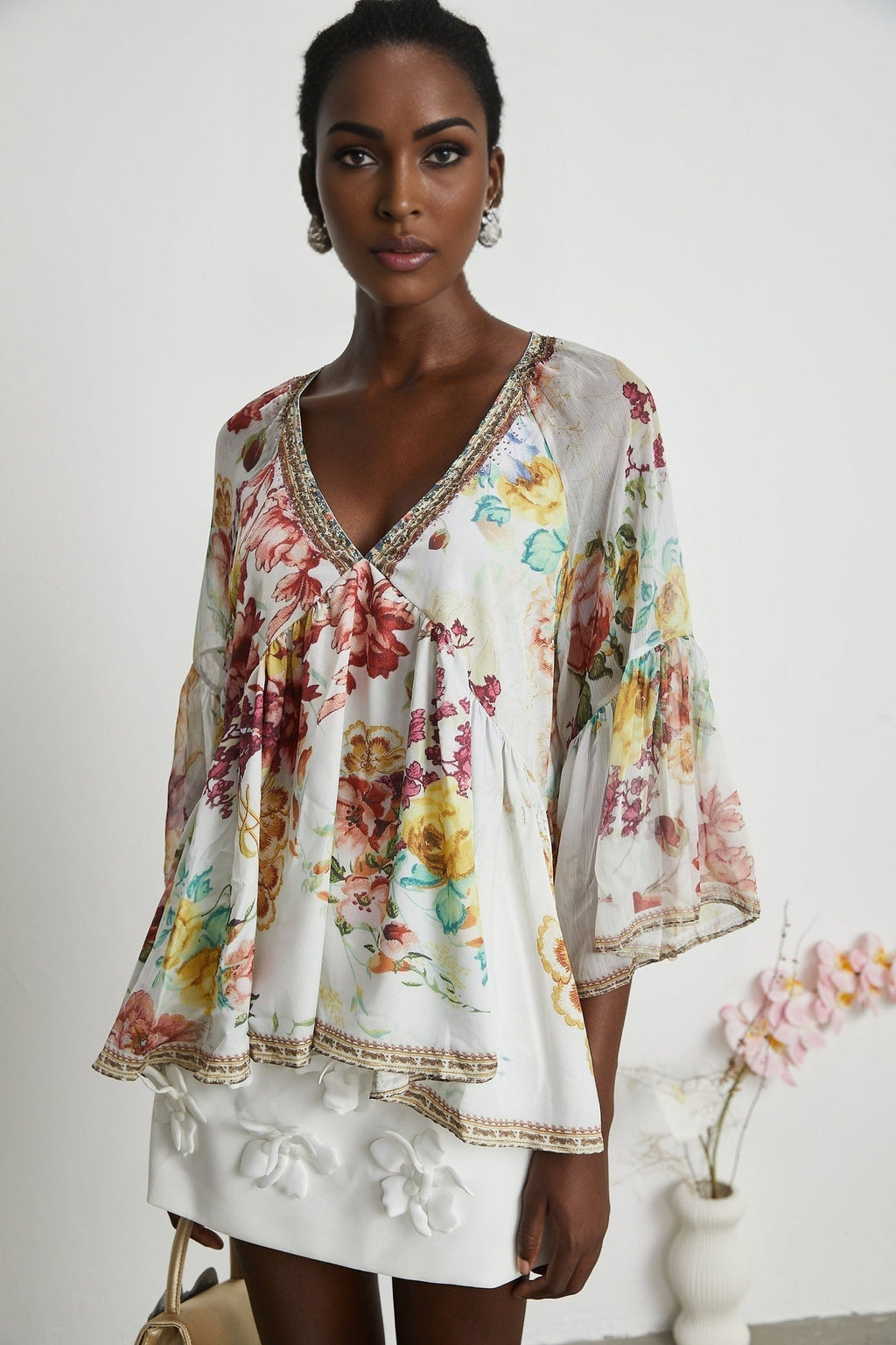 Yvonne Floral Tulle V - Neck Blouse With Flared Sleeves