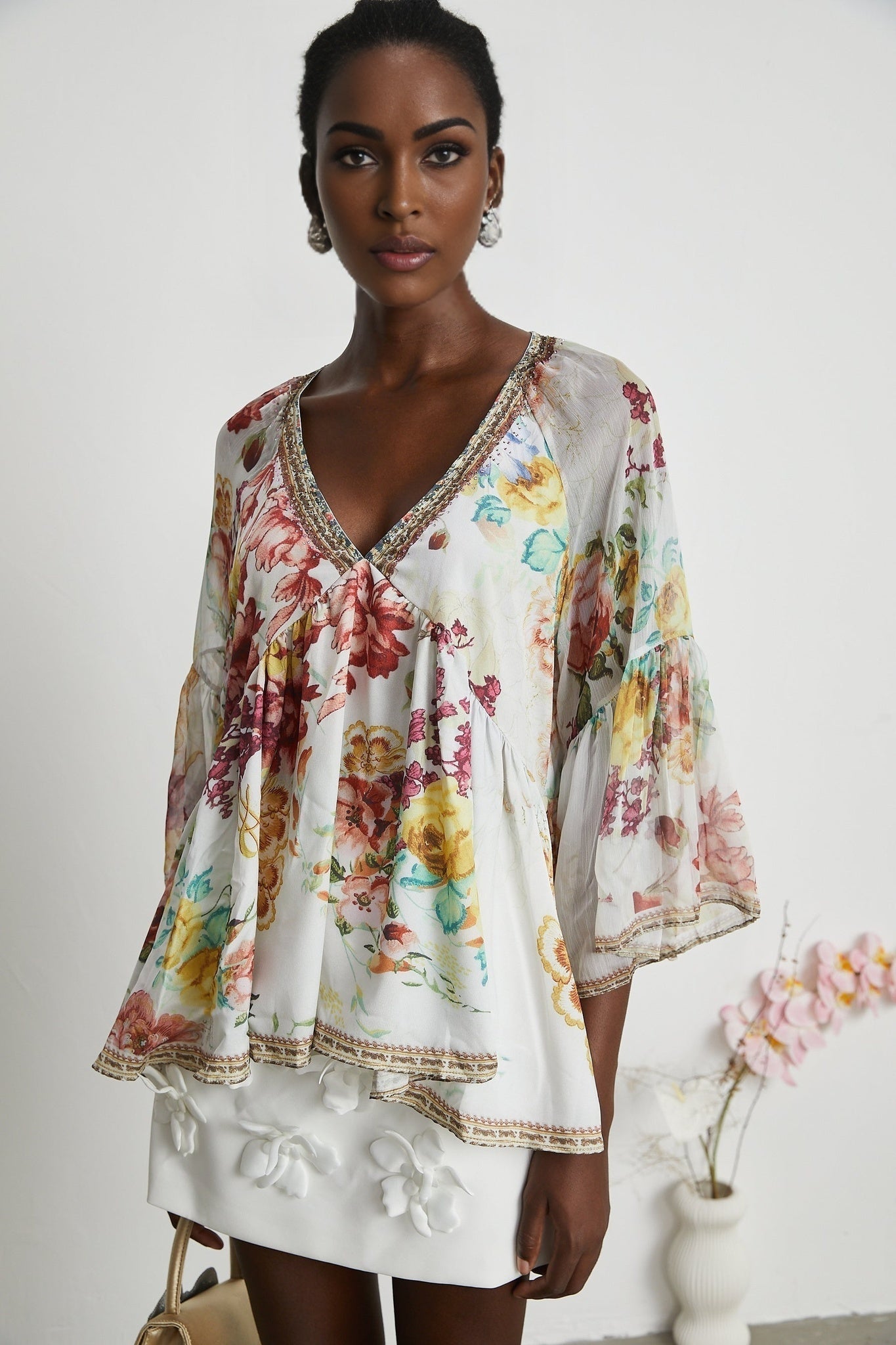 Yvonne Floral Tulle V - Neck Blouse With Flared Sleeves