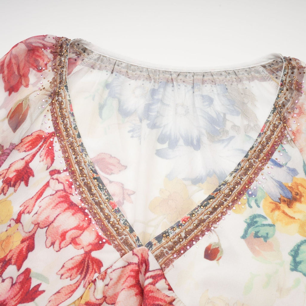 Yvonne Floral Tulle V - Neck Blouse With Flared Sleeves