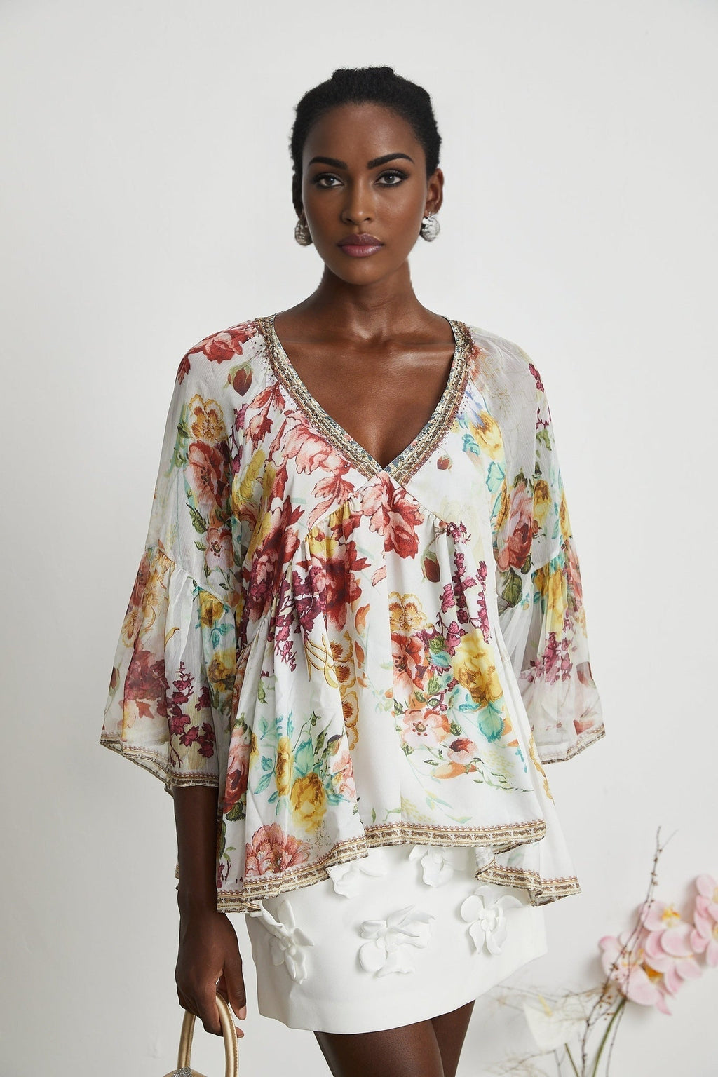 Yvonne Floral Tulle V - Neck Blouse With Flared Sleeves