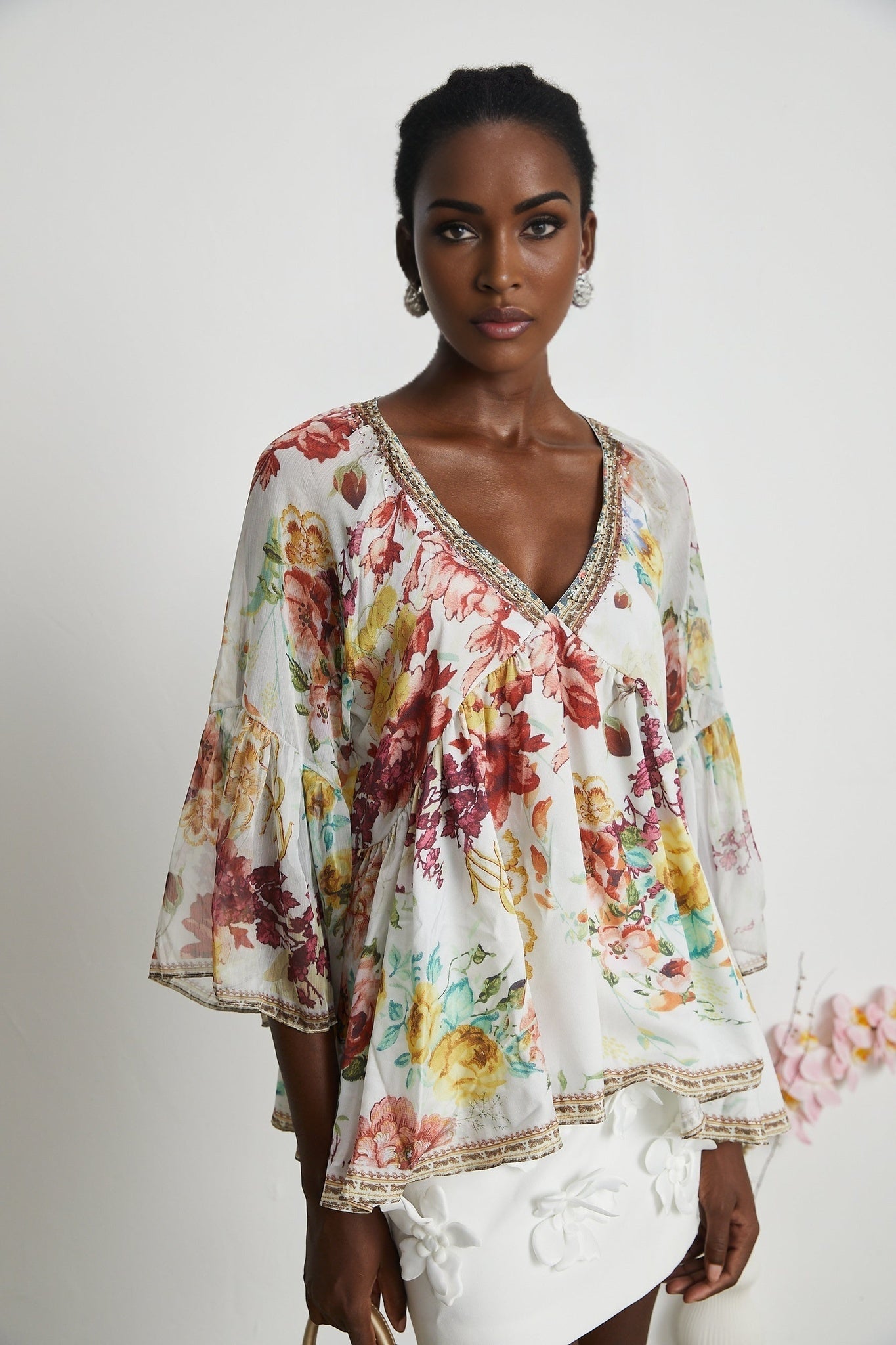 Yvonne Floral Tulle V - Neck Blouse With Flared Sleeves