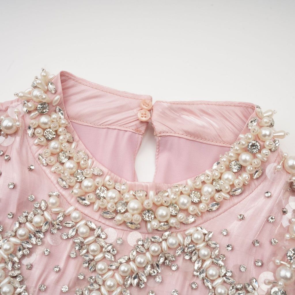 Zaira Mini Dress Pink Sequin Crystal Pleated Sparkle Shine