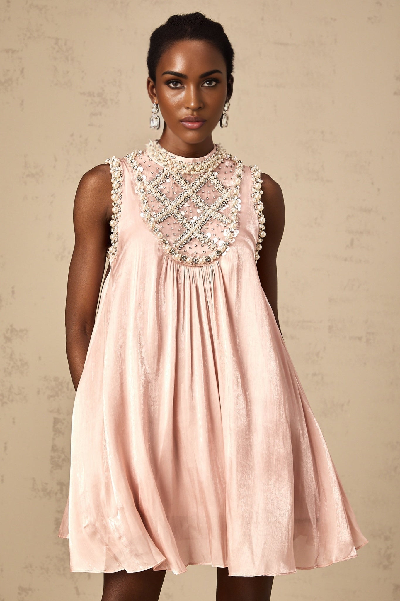 Zaira Mini Dress Pink Sequin Crystal Pleated Sparkle Shine