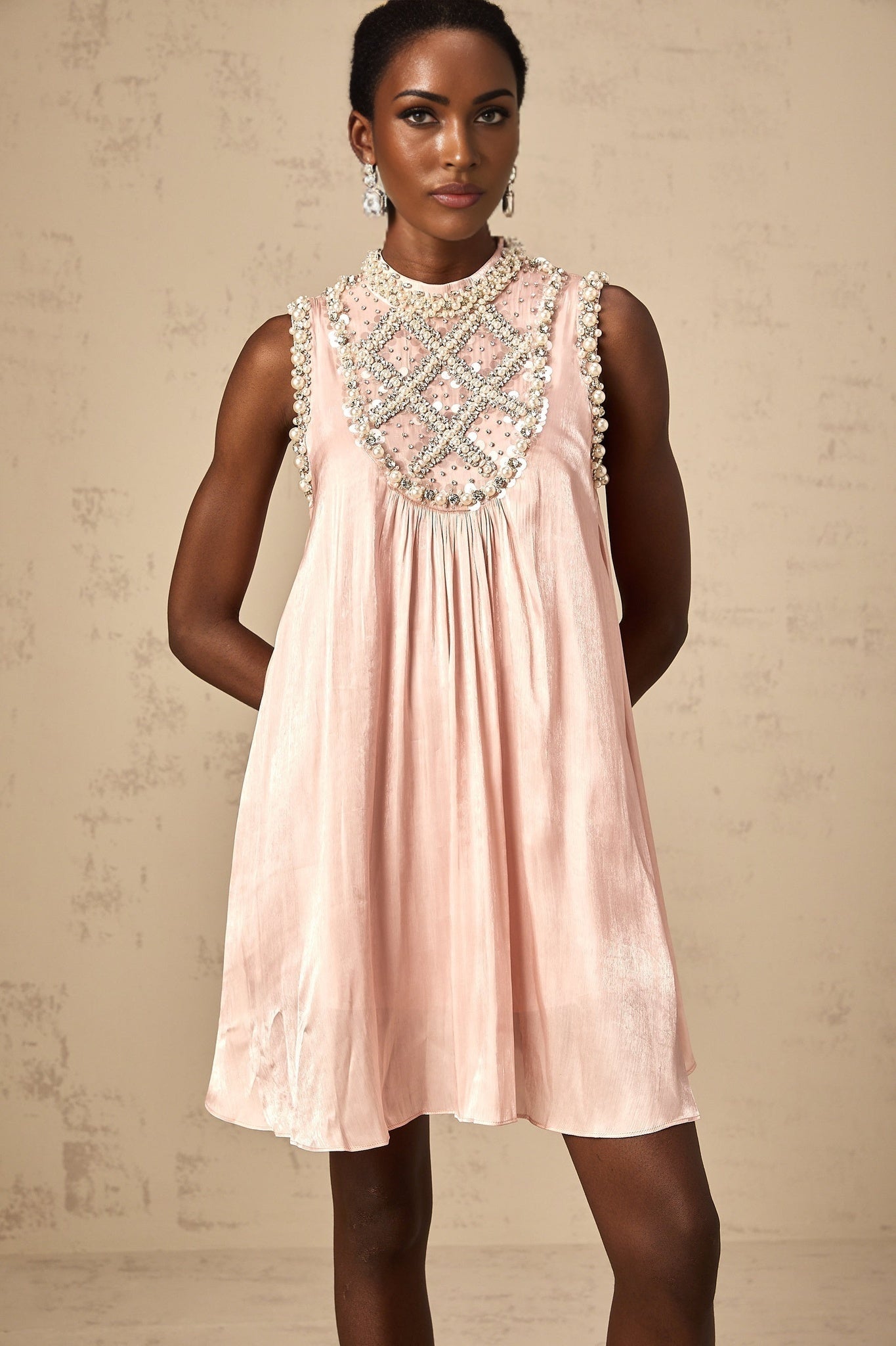 Zaira Mini Dress Pink Sequin Crystal Pleated Sparkle Shine