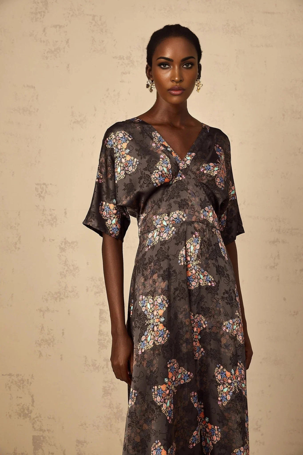 Zara Maxi Dress Black Butterfly Print & Self - Tie Design
