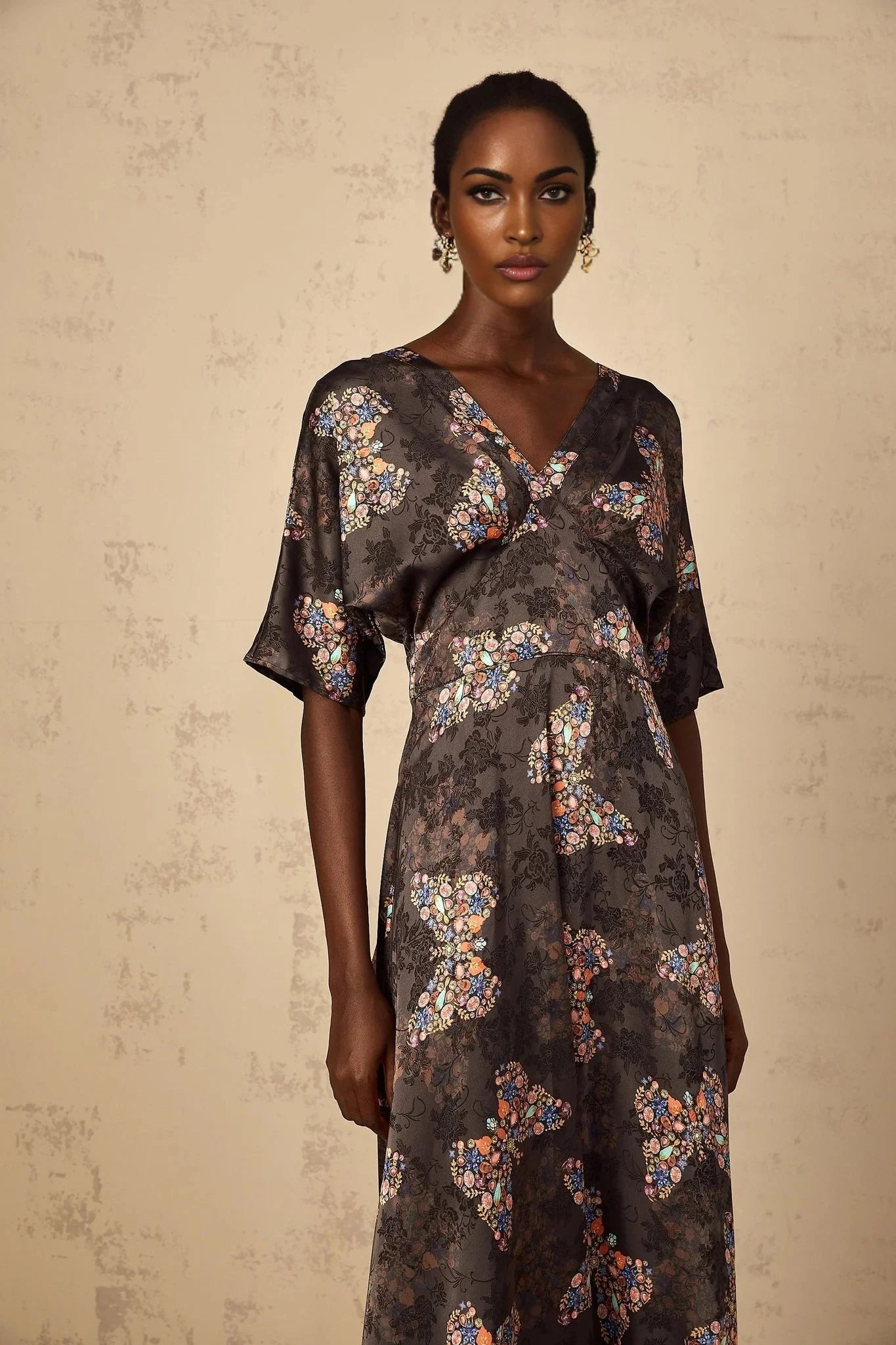 Zara Maxi Dress Black Butterfly Print & Self - Tie Design
