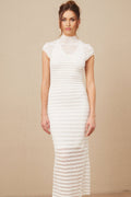 Zara Midi Dress White Tulle Horizontal Stripes Open Back Slip Pencil Silhouette