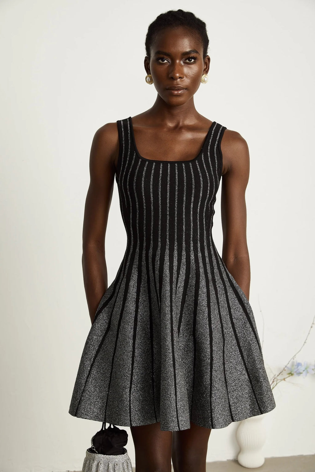 Zara Mini Dress Black Glitter Stripe Flare Gloss
