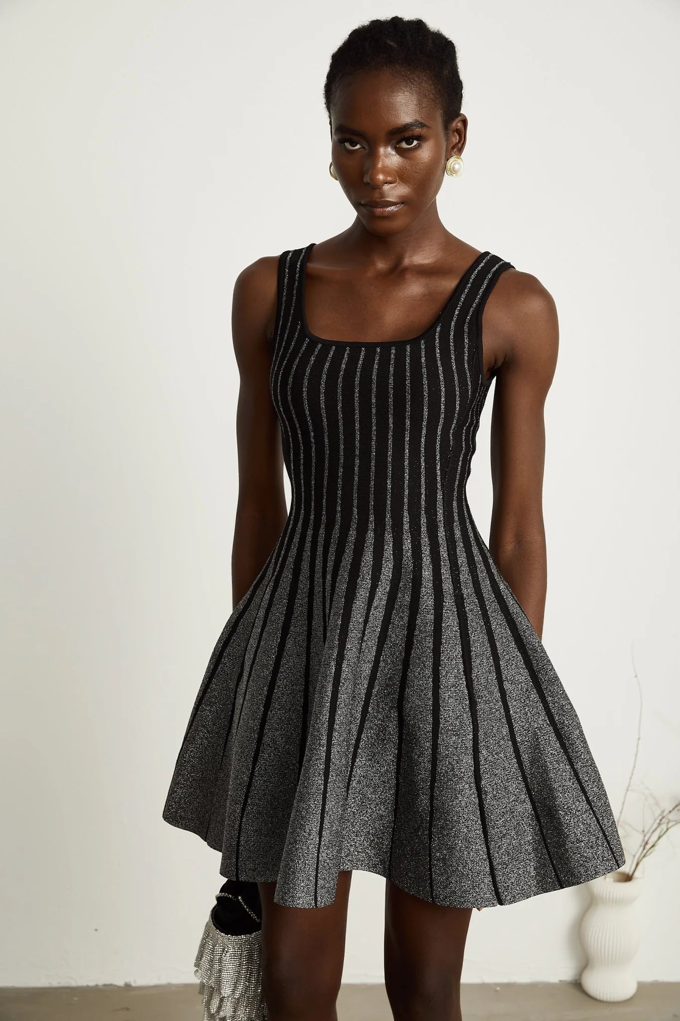 Zara Mini Dress Black Glitter Stripe Flare Gloss