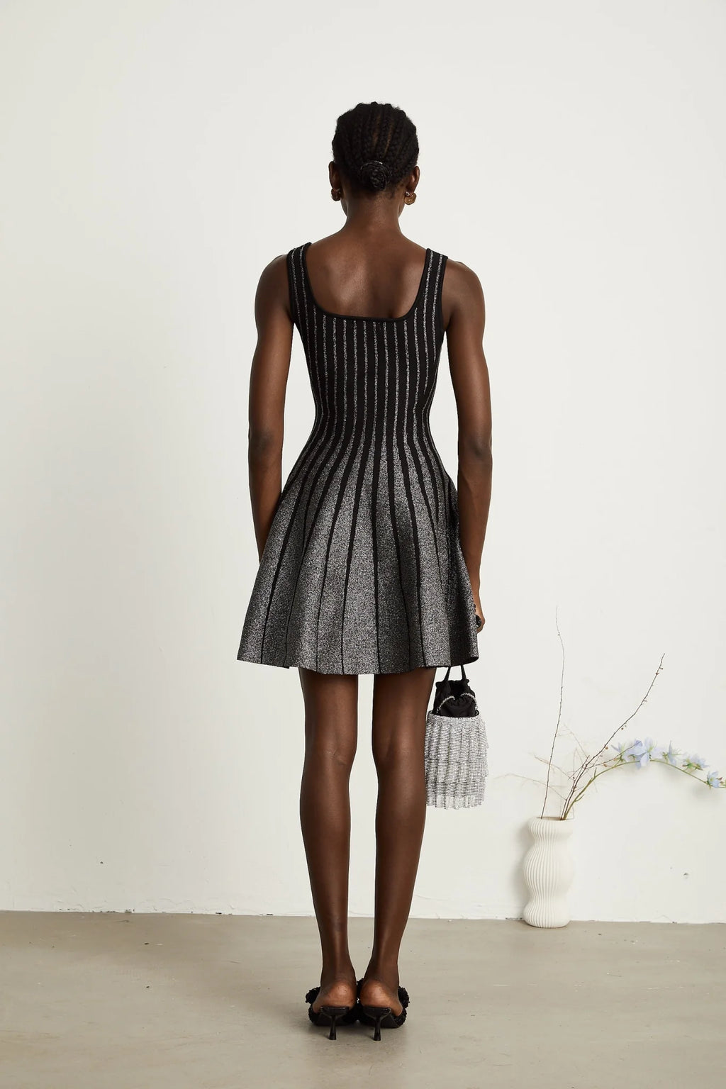 Zara Mini Dress Black Glitter Stripe Flare Gloss