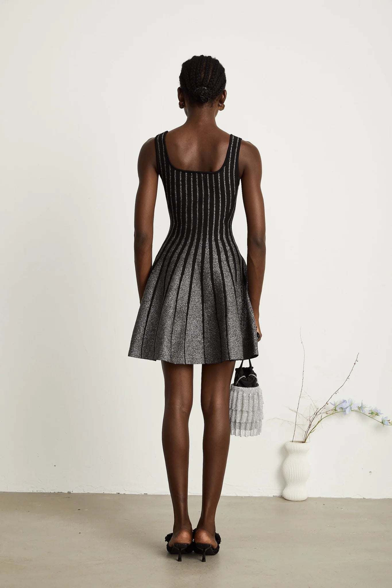 Zara Mini Dress Black Glitter Stripe Flare Gloss