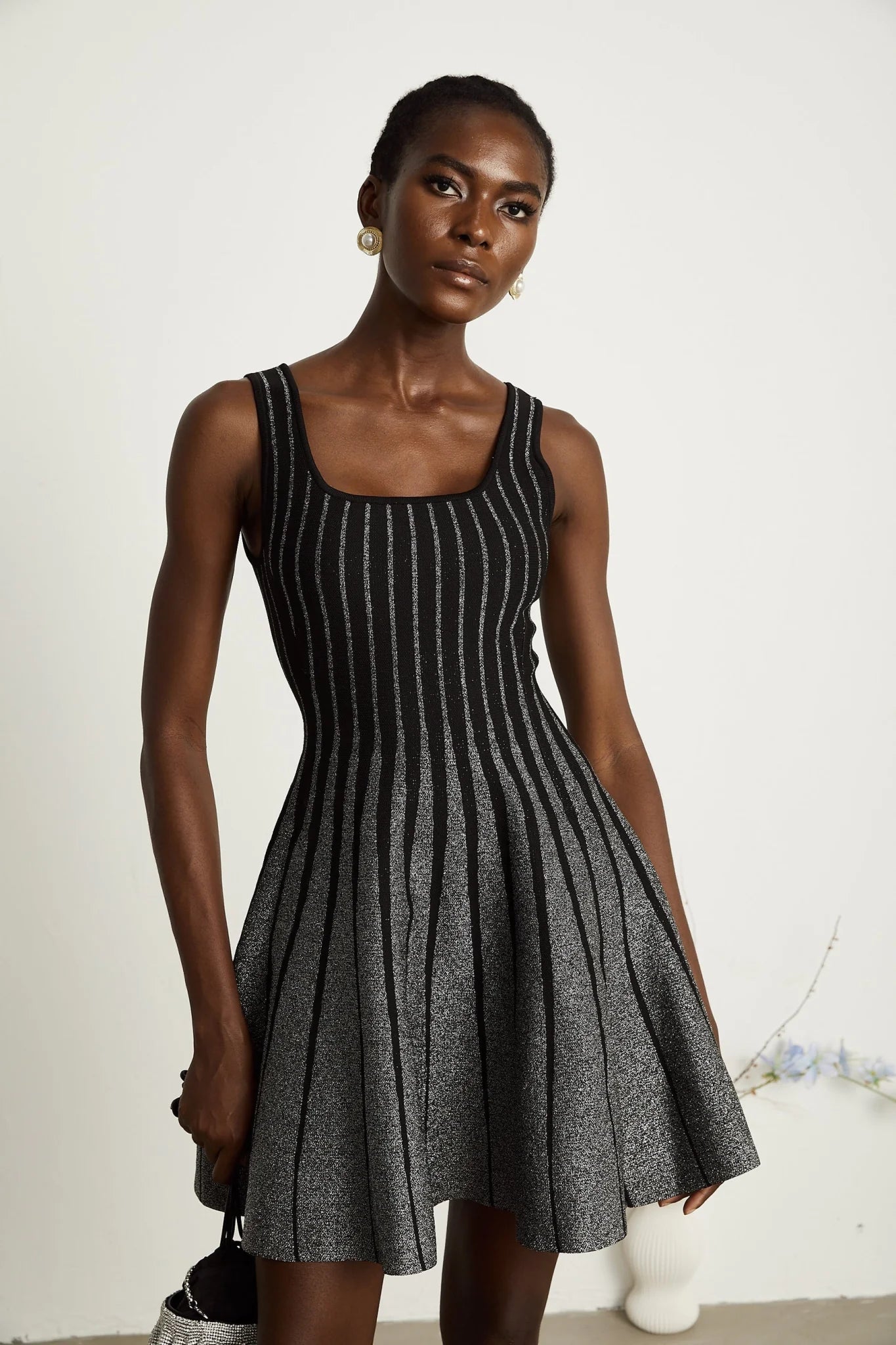 Zara Mini Dress Black Glitter Stripe Flare Gloss