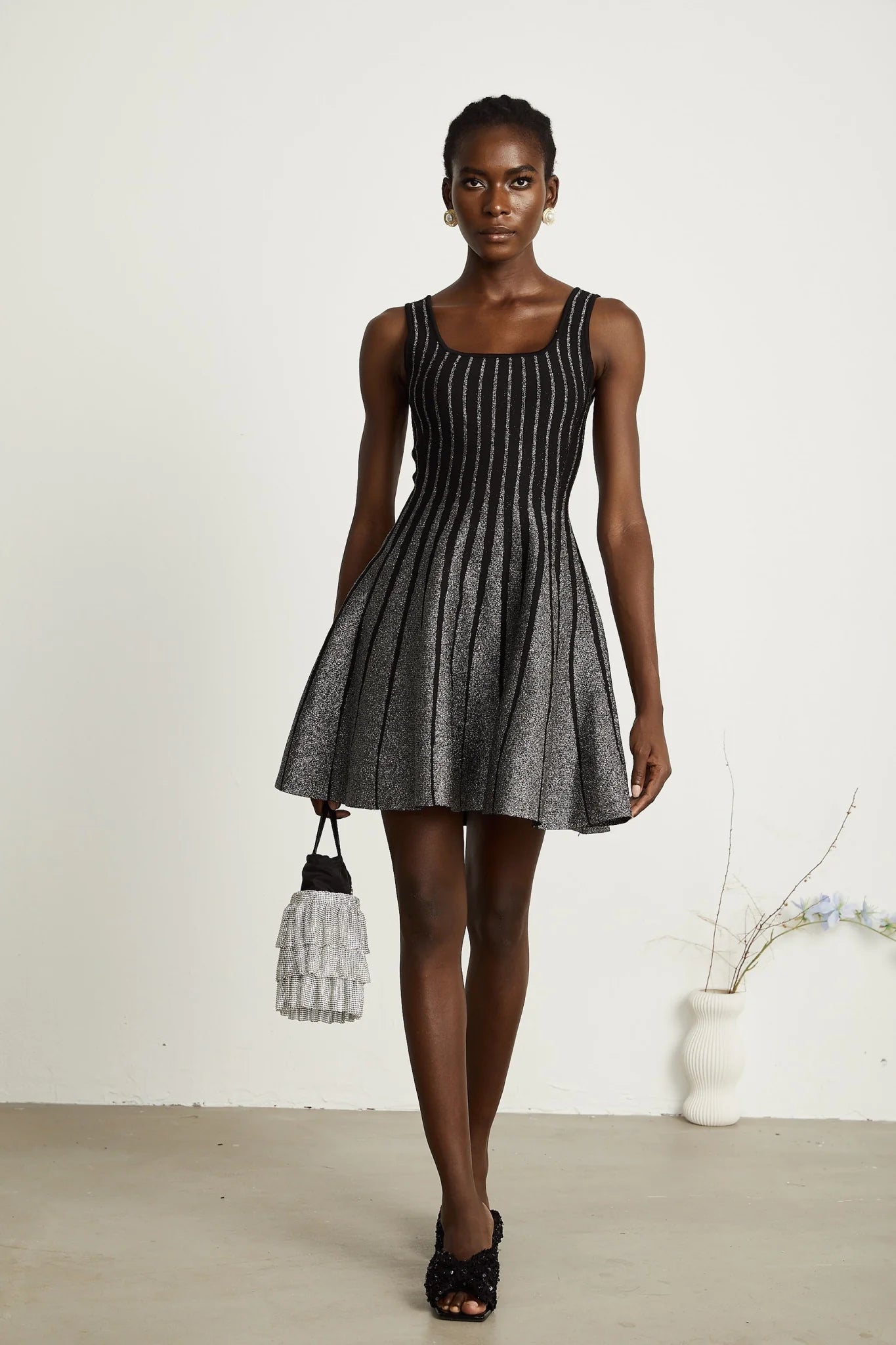 Zara Mini Dress Black Glitter Stripe Flare Gloss