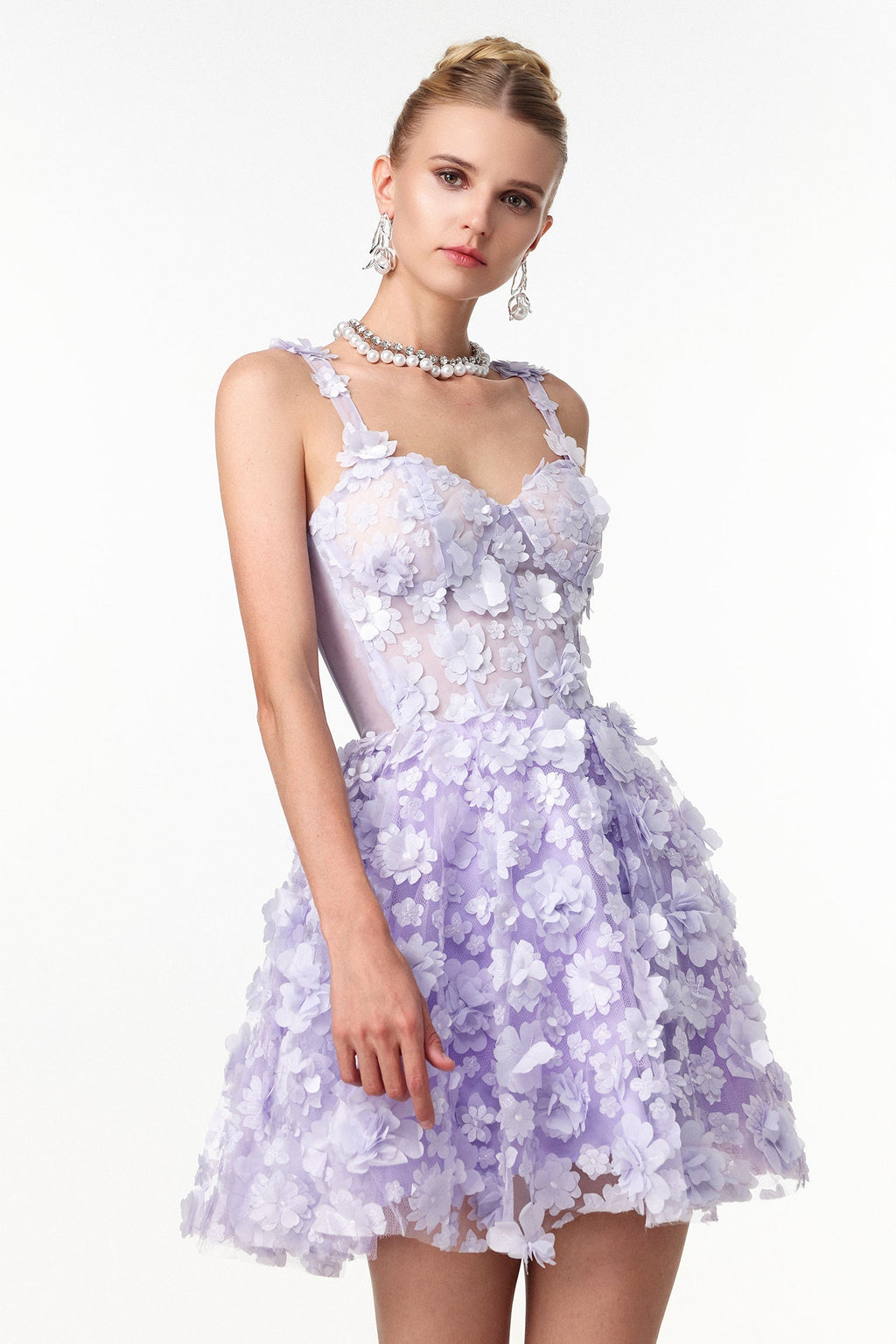 Zaylee Lilac Floral Embellished Mini Dress with Corset Bodice