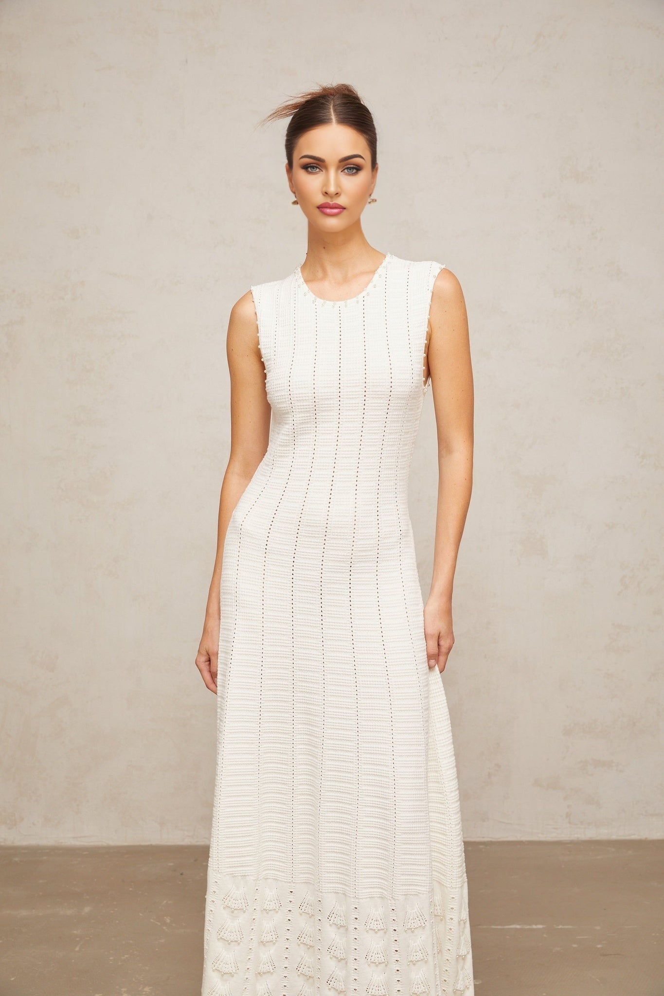 Zaylee Maxi Dress in White with Faux - Pearl Embellishments and Pointelle Knit Pattern
