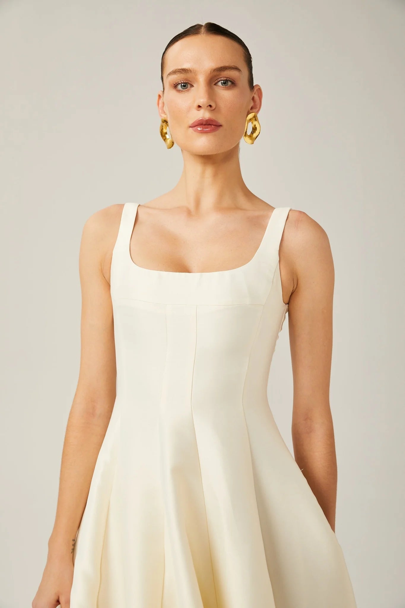 Zaylee Midi Dress Ivory White Satin Flare Pleated Calf - Length