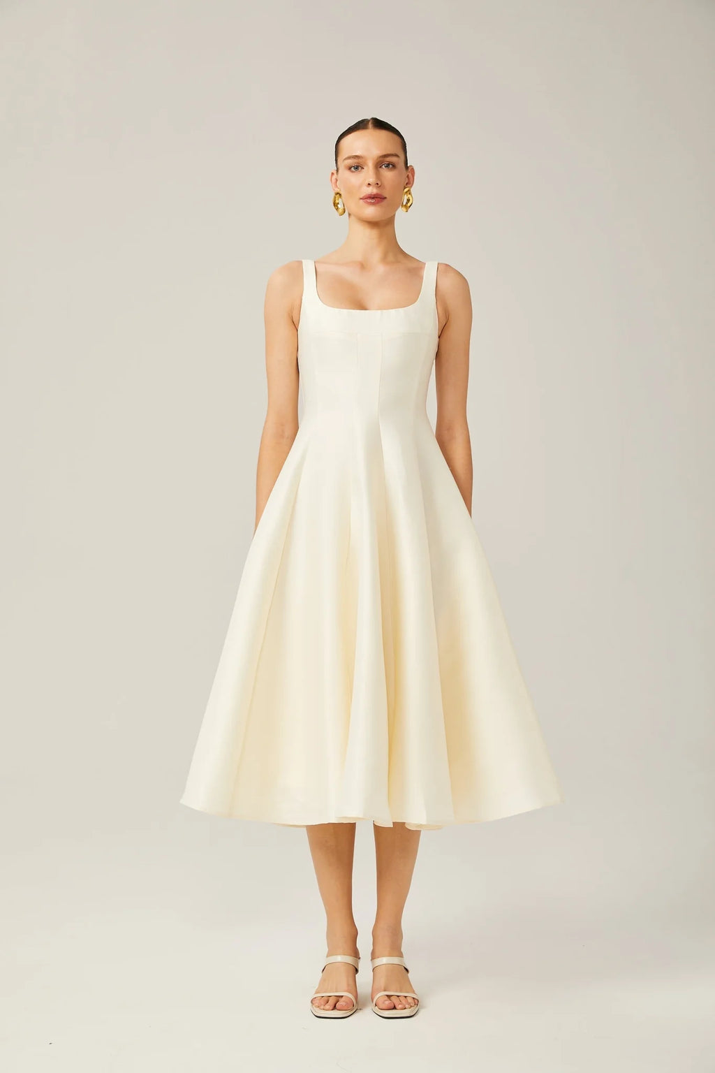 Zaylee Midi Dress Ivory White Satin Flare Pleated Calf - Length