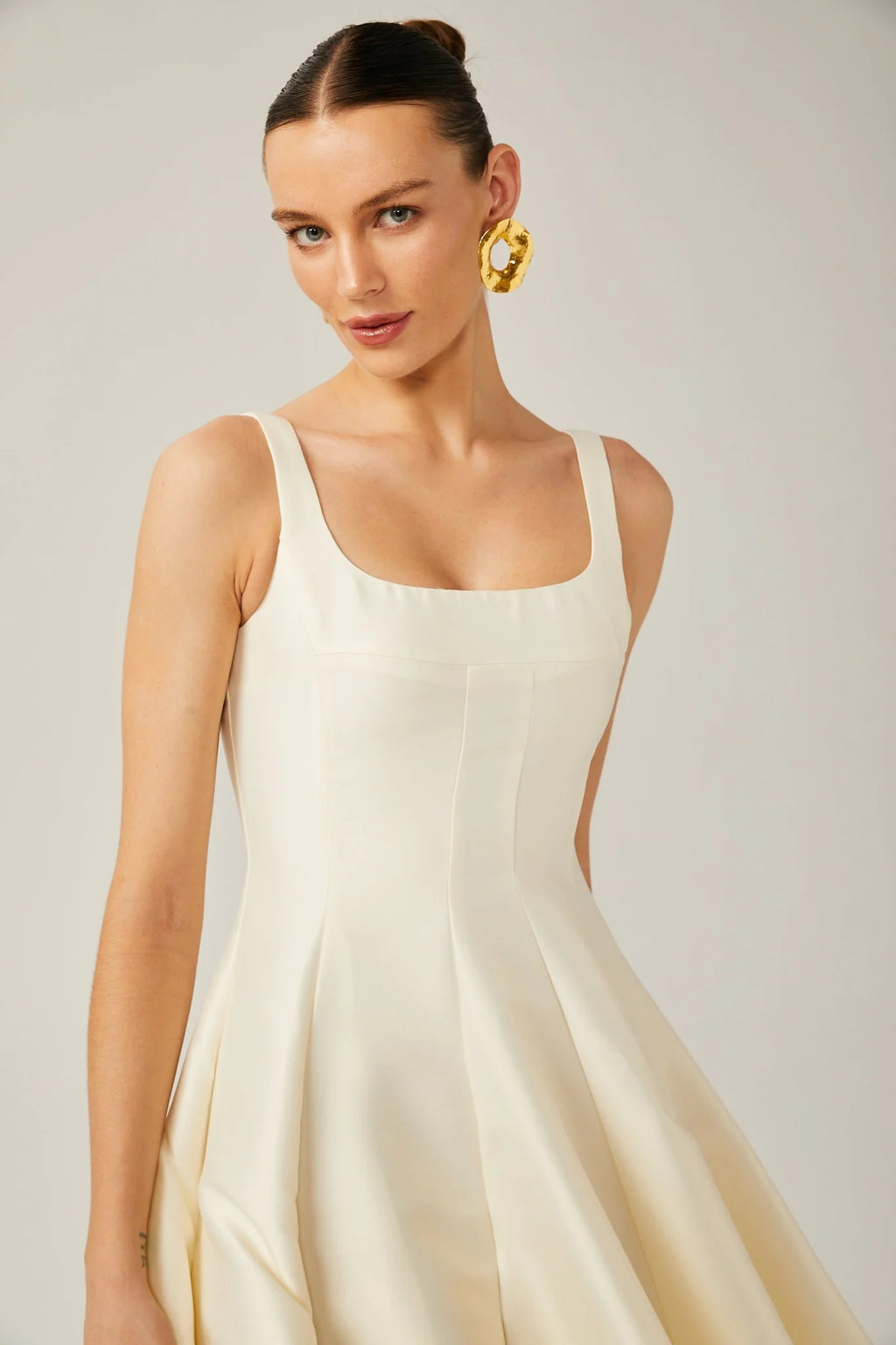 Zaylee Midi Dress Ivory White Satin Flare Pleated Calf - Length
