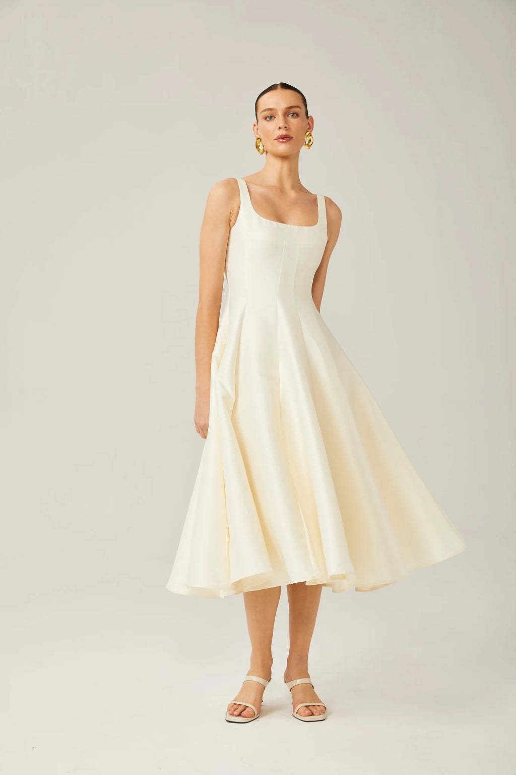 Zaylee Midi Dress Ivory White Satin Flare Pleated Calf - Length