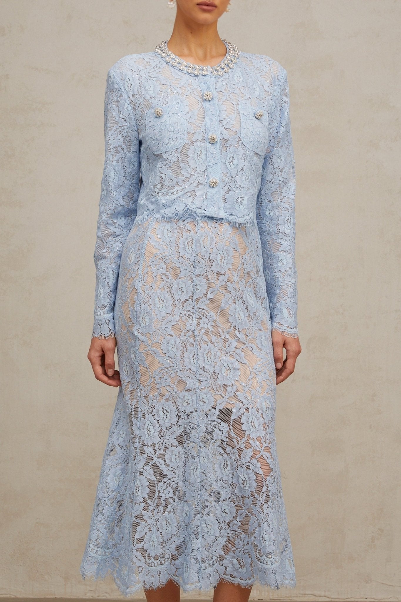 Zaylee Skirt & Top Set Blue Floral Lace Crystal Embellished
