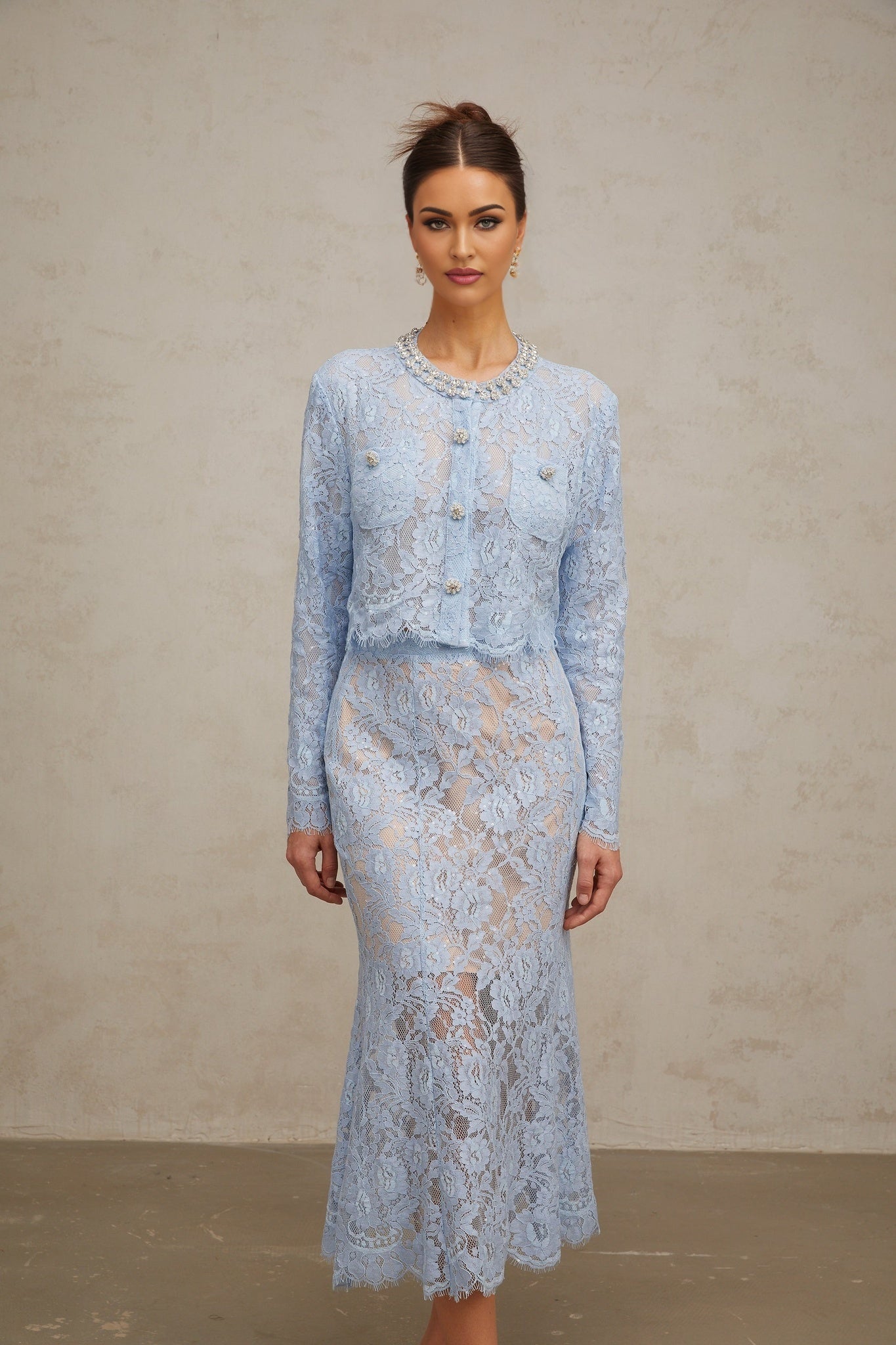 Zaylee Skirt & Top Set Blue Floral Lace Crystal Embellished