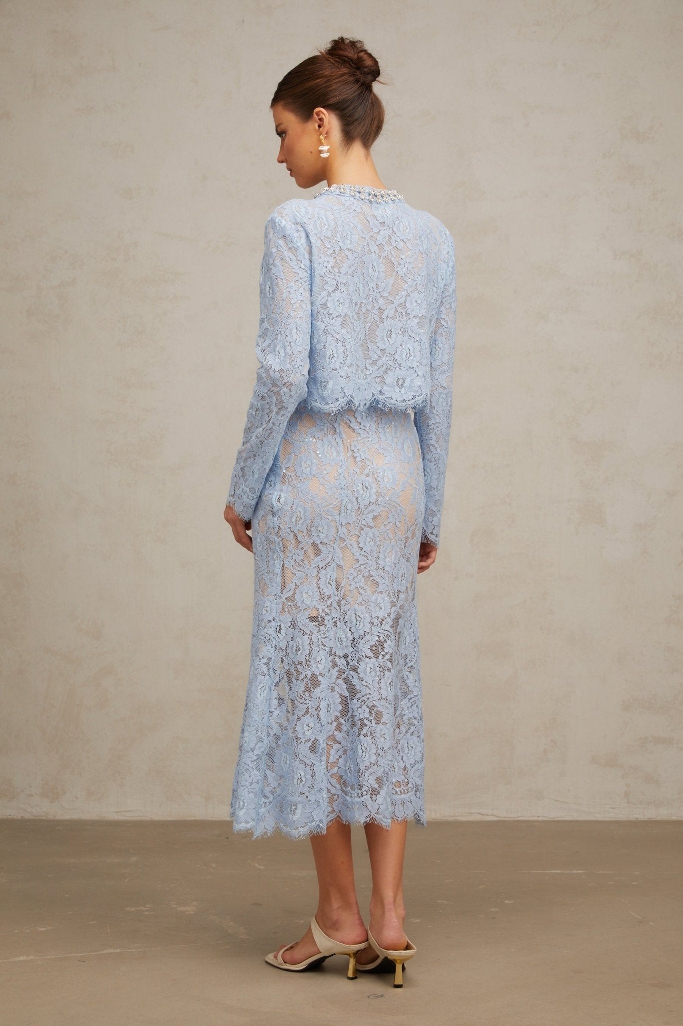 Zaylee Skirt & Top Set Blue Floral Lace Crystal Embellished