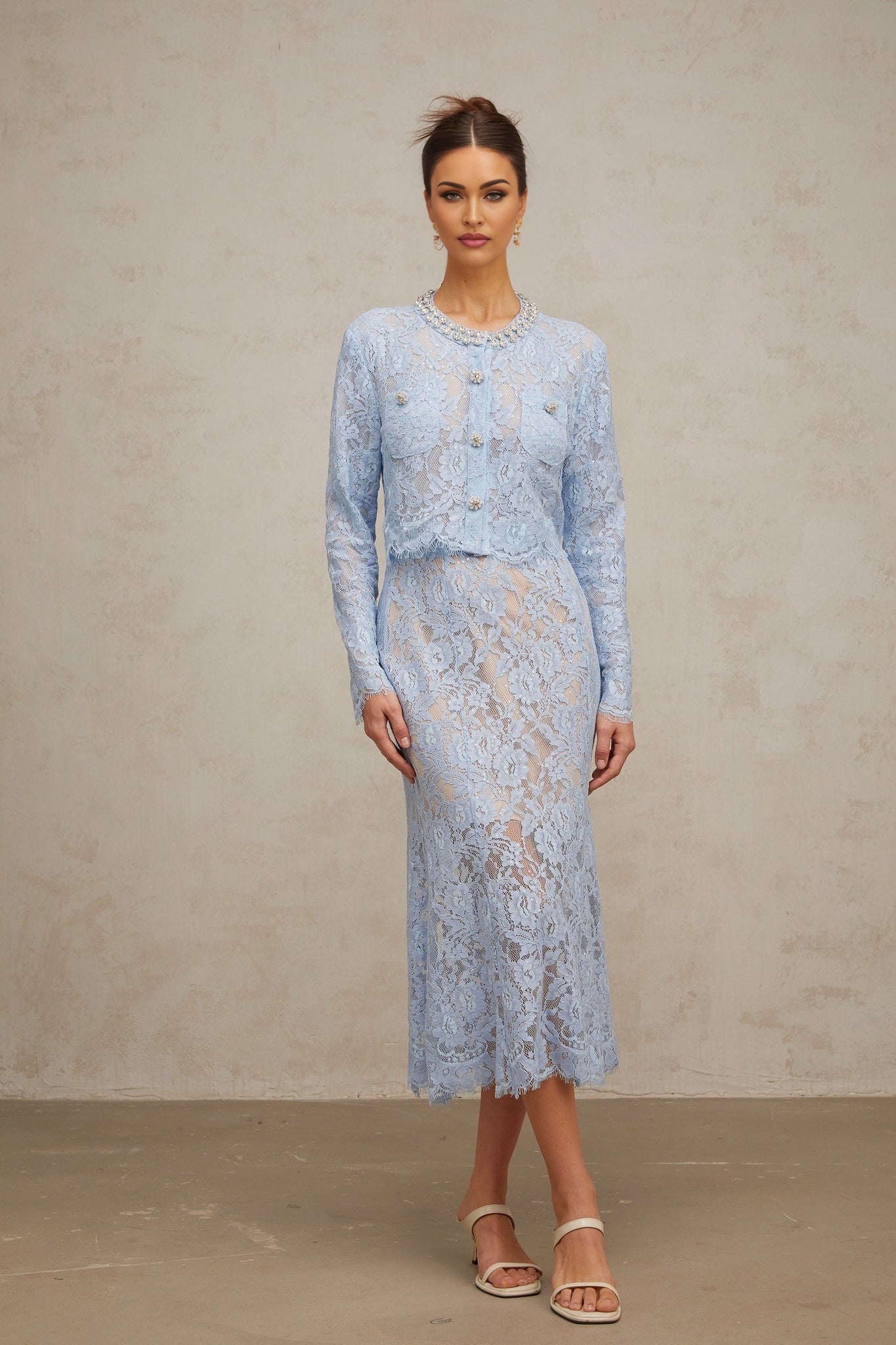 Zaylee Skirt & Top Set Blue Floral Lace Crystal Embellished